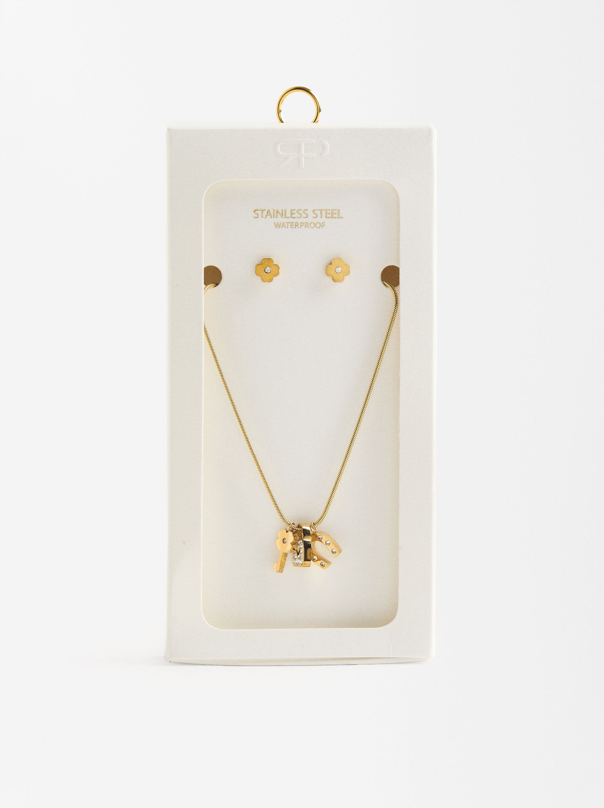 Set  Collar Y Aretes Con Charms De Cristales - Acero Inoxidable