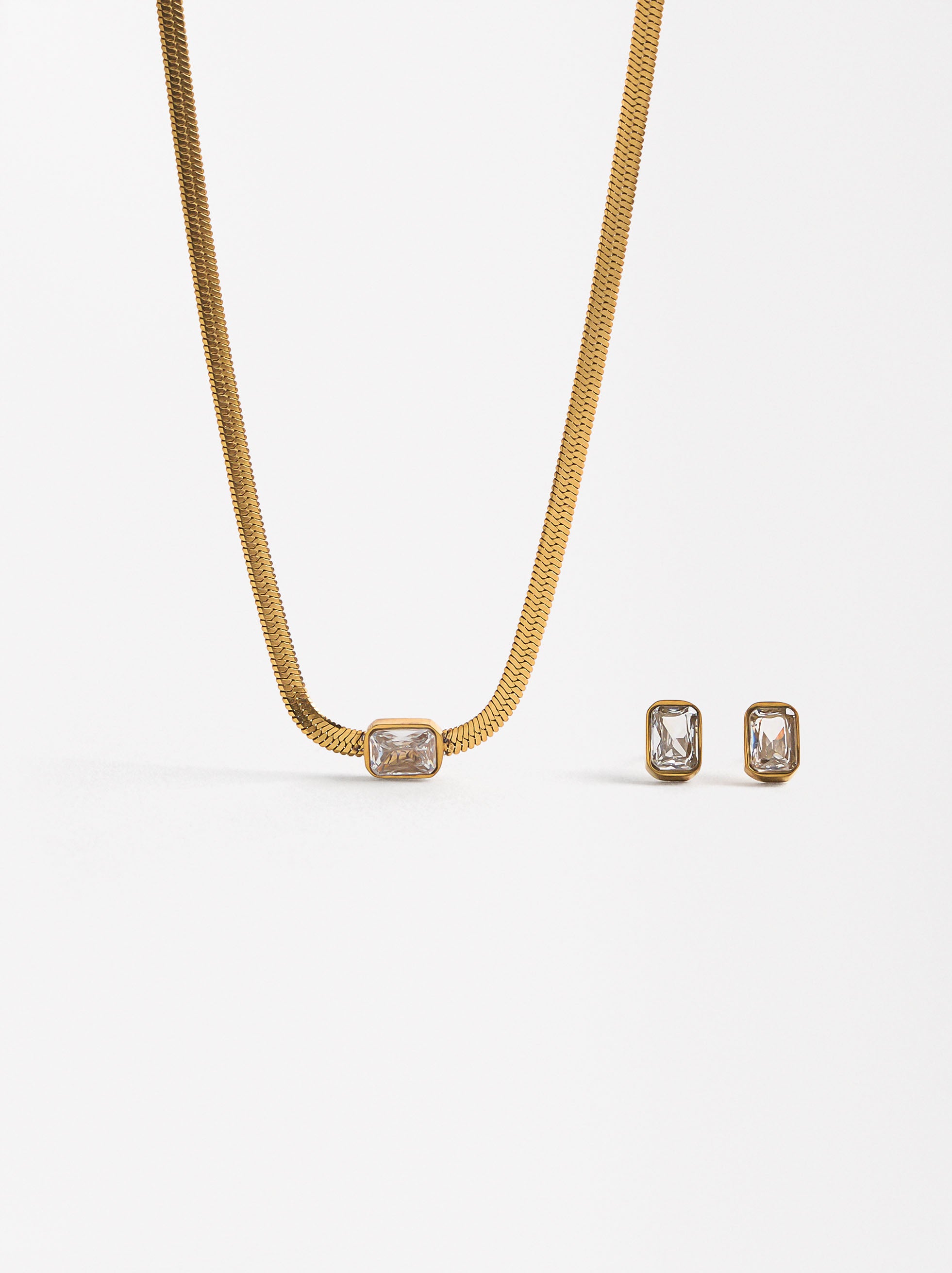 Set  Collar Y Aretes Con Cristales - Acero Inoxidable