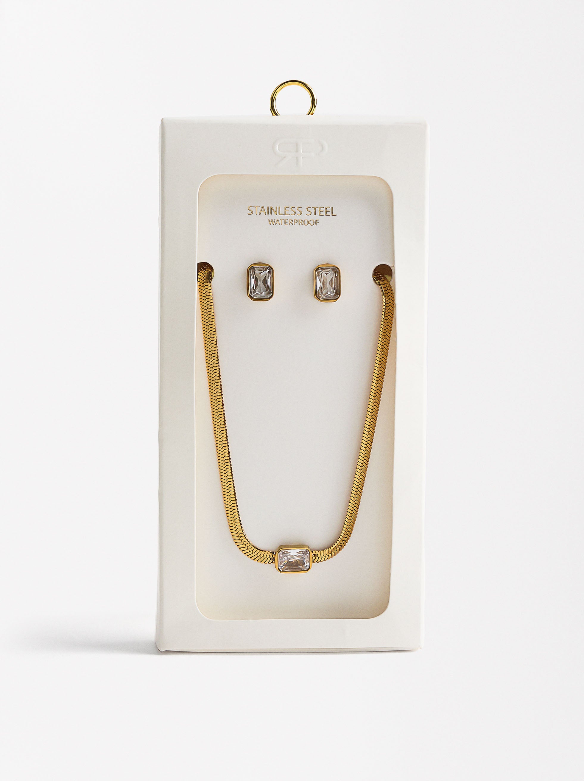 Set  Collar Y Aretes Con Cristales - Acero Inoxidable