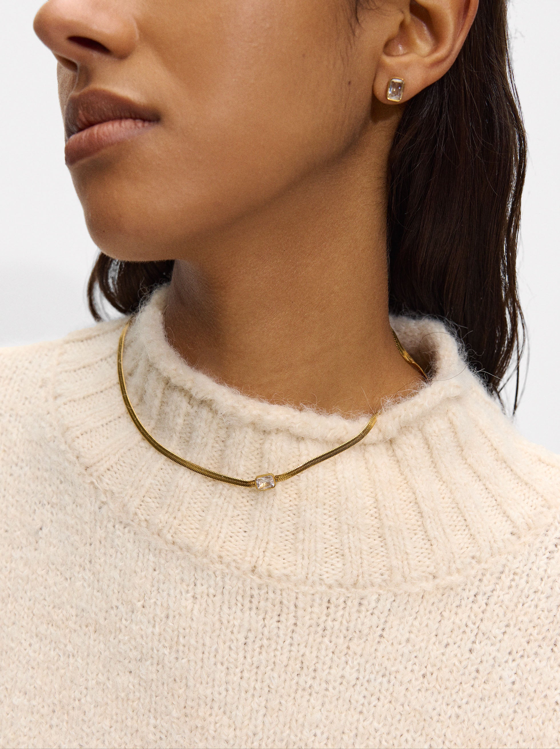 Set  Collar Y Aretes Con Cristales - Acero Inoxidable