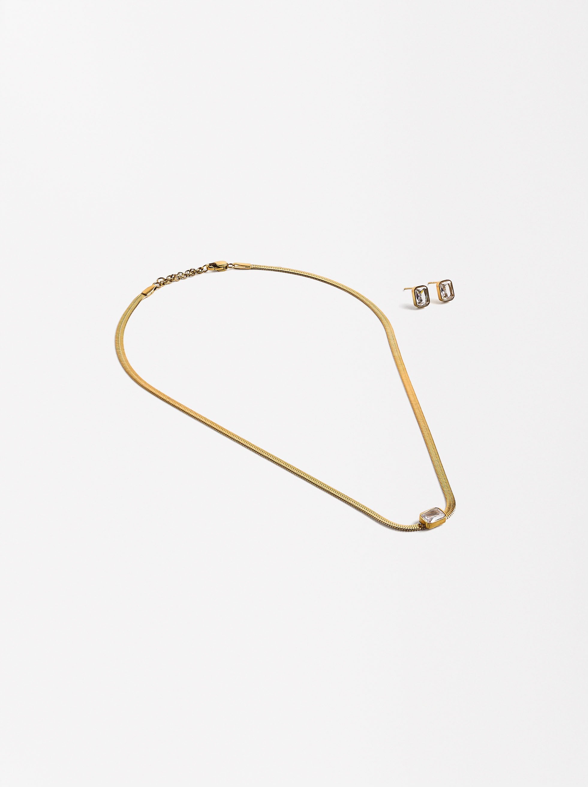 Set  Collar Y Aretes Con Cristales - Acero Inoxidable