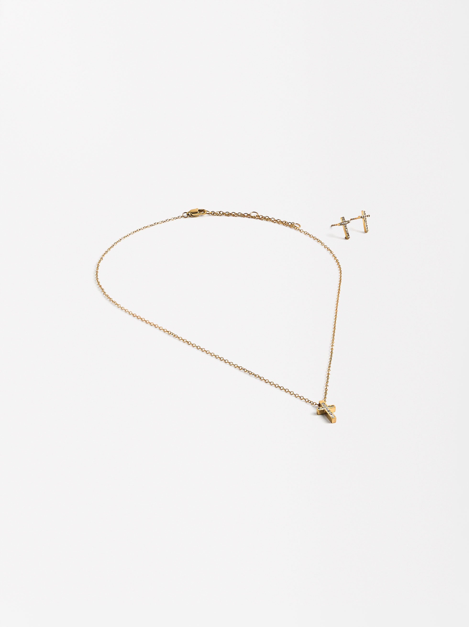 Set De Aretes Con Collar Cruzado Con Cristales - Acero Inoxidable