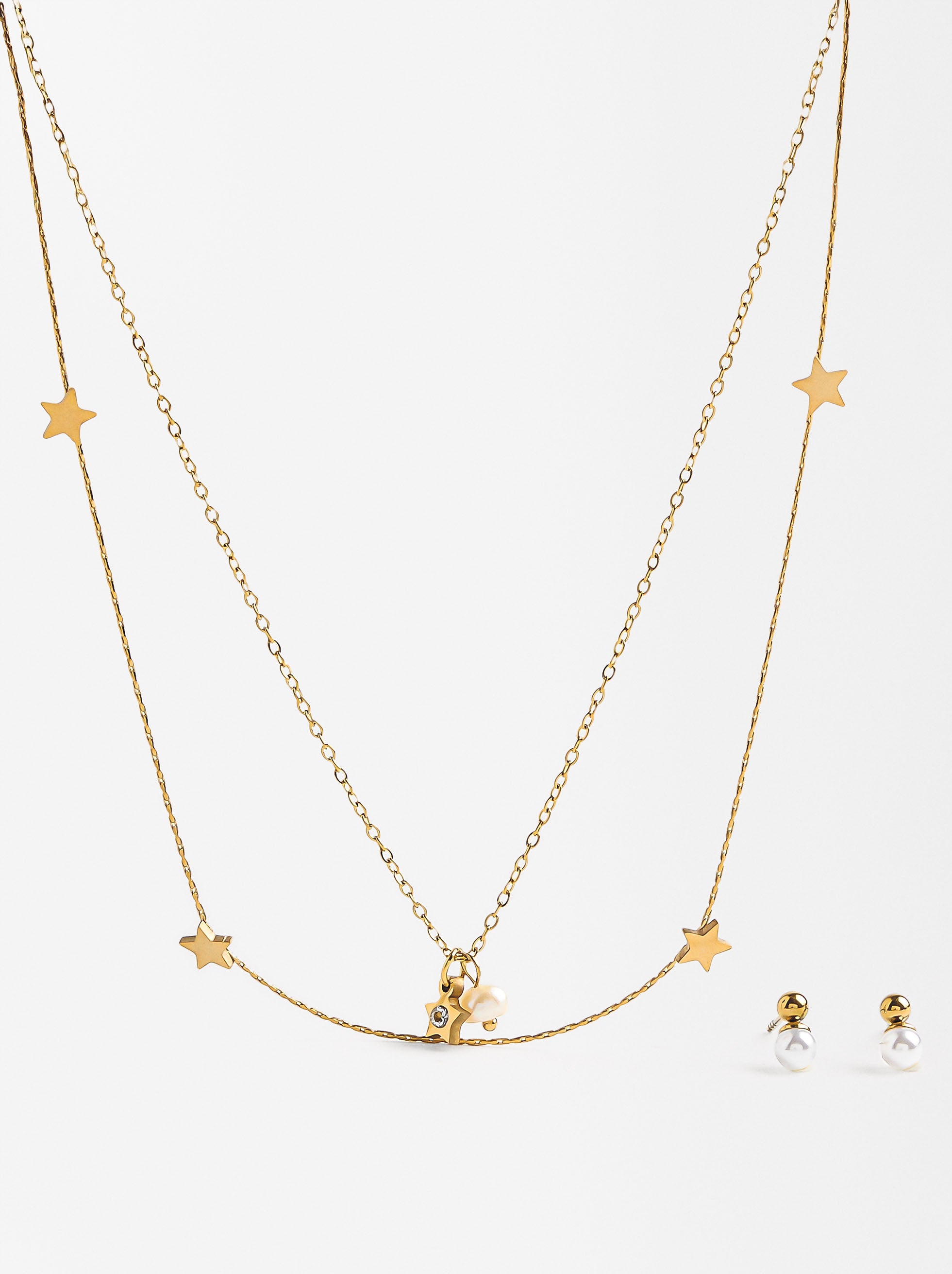 Set De Collar Con Aretes Perla - Acero Inoxidable