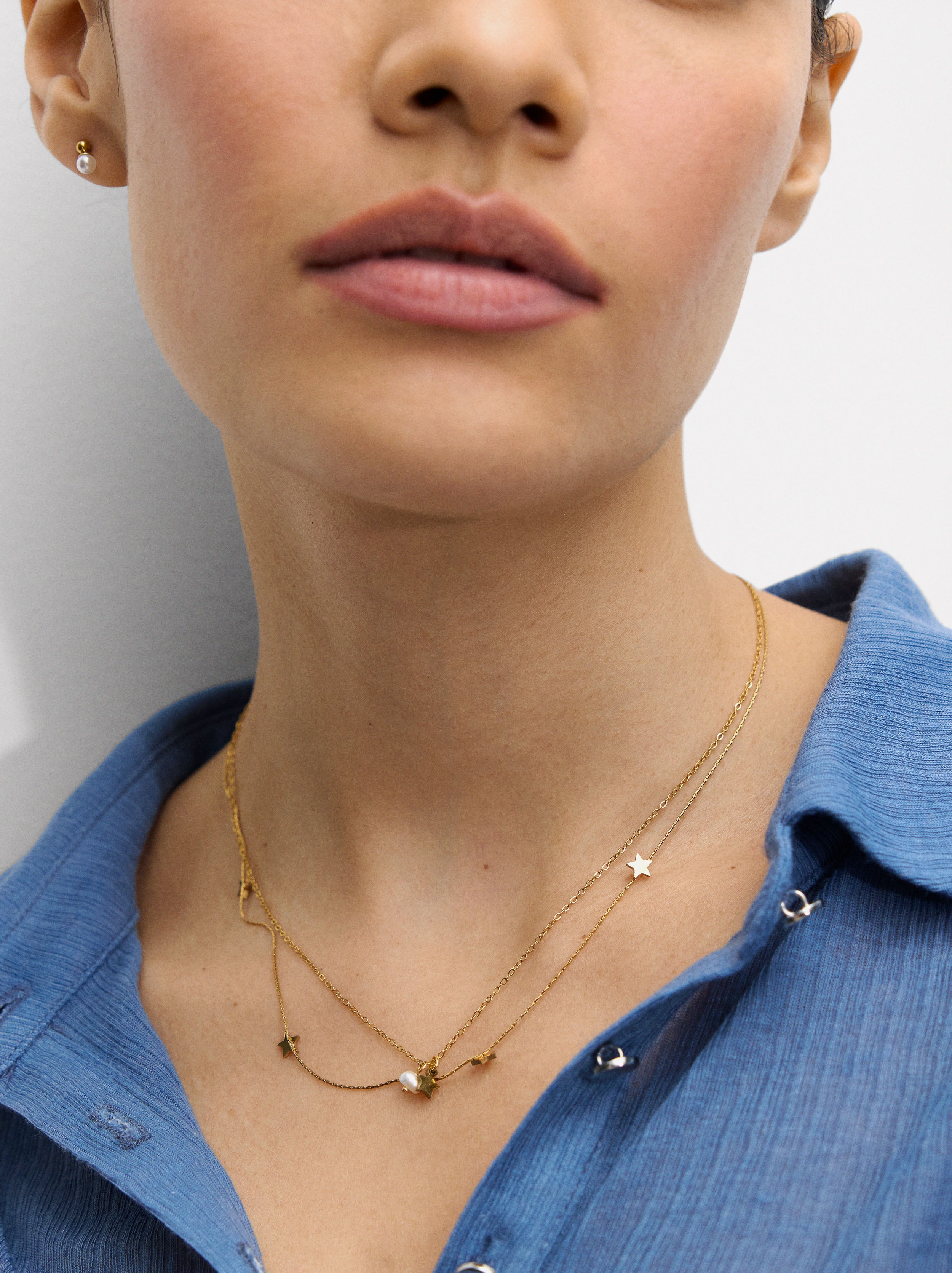 Set De Collar Con Aretes Perla - Acero Inoxidable