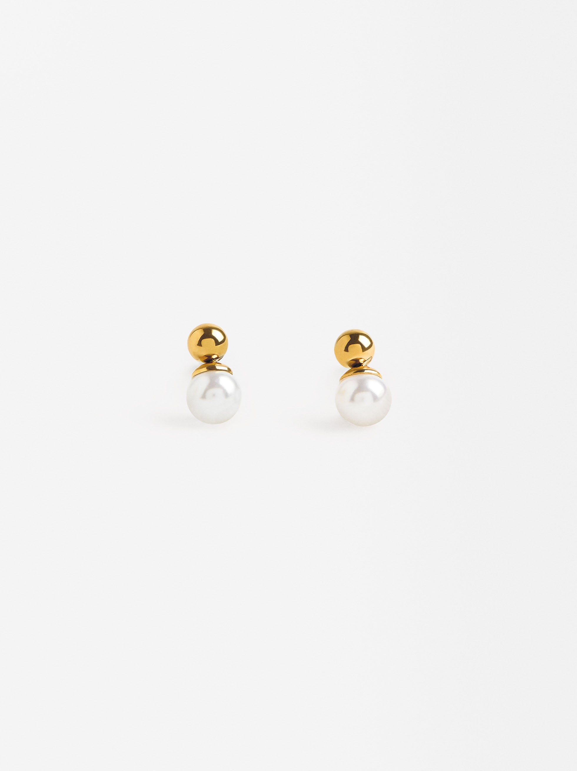 Set De Collar Con Aretes Perla - Acero Inoxidable