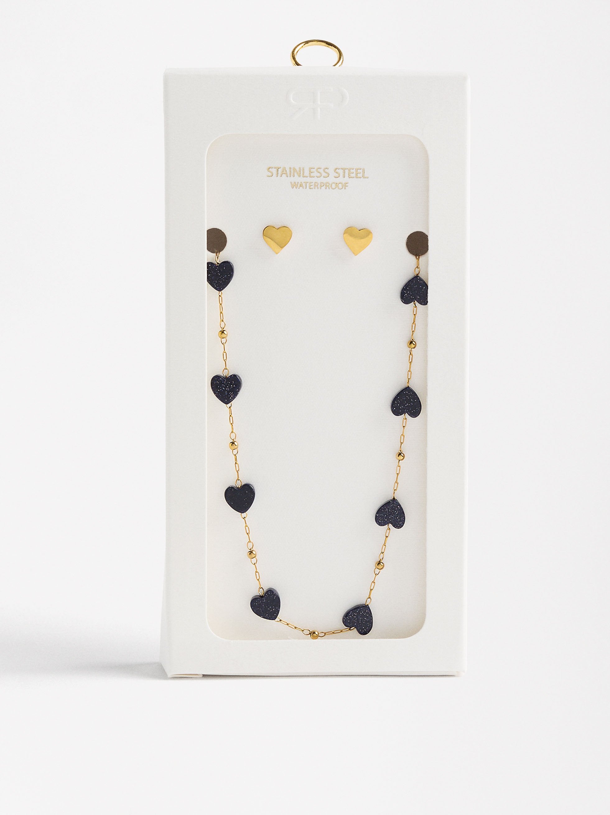 Set De Collar Con Aretes Corazón - Acero Inoxidable