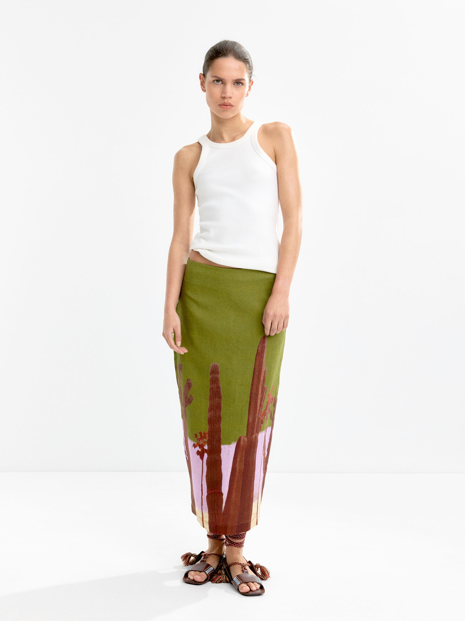 Falda 100 % Lino Con Estampado