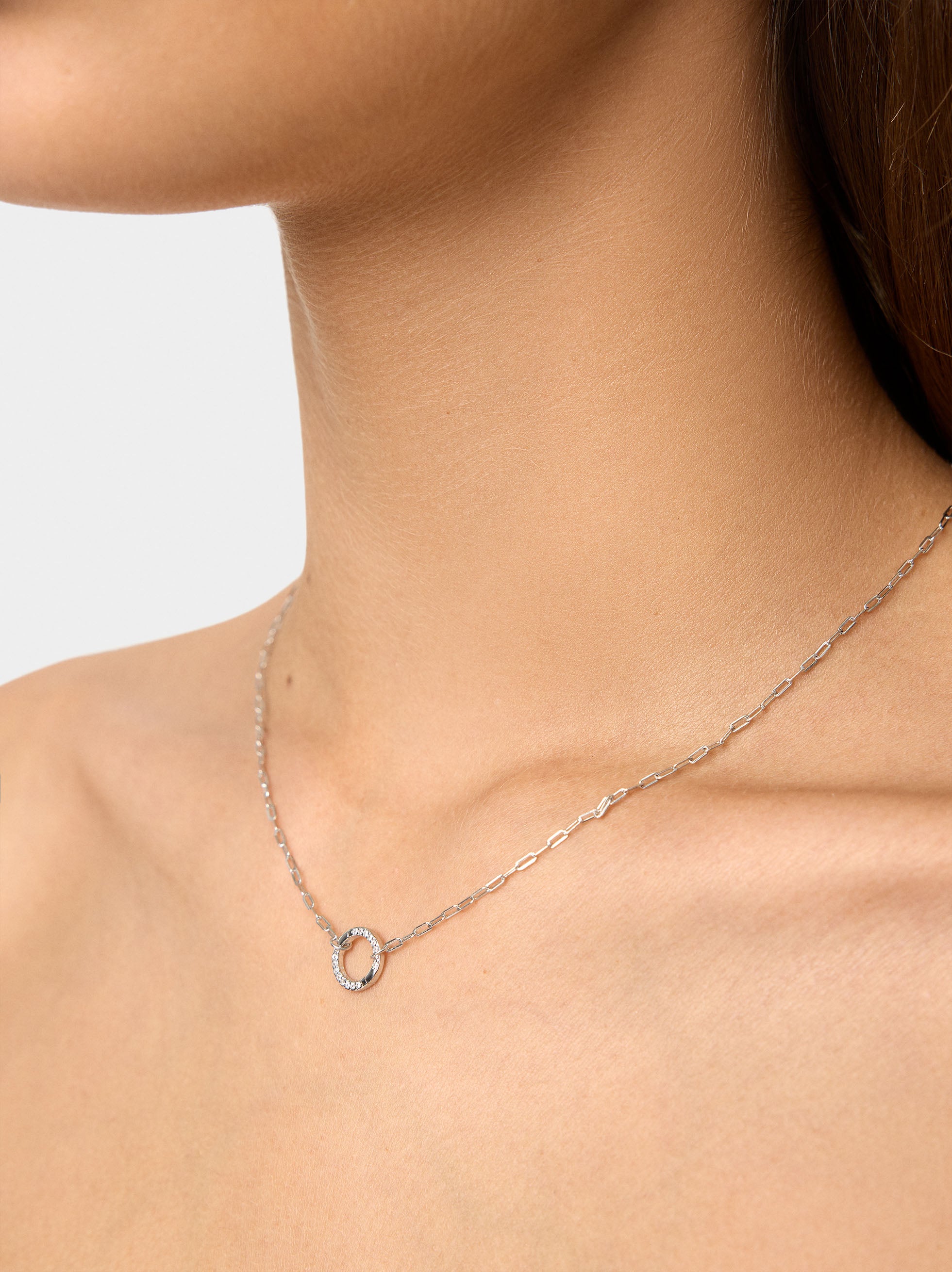 Collar De Eslabones Pendente Con Circonitas - Plata De Ley 925