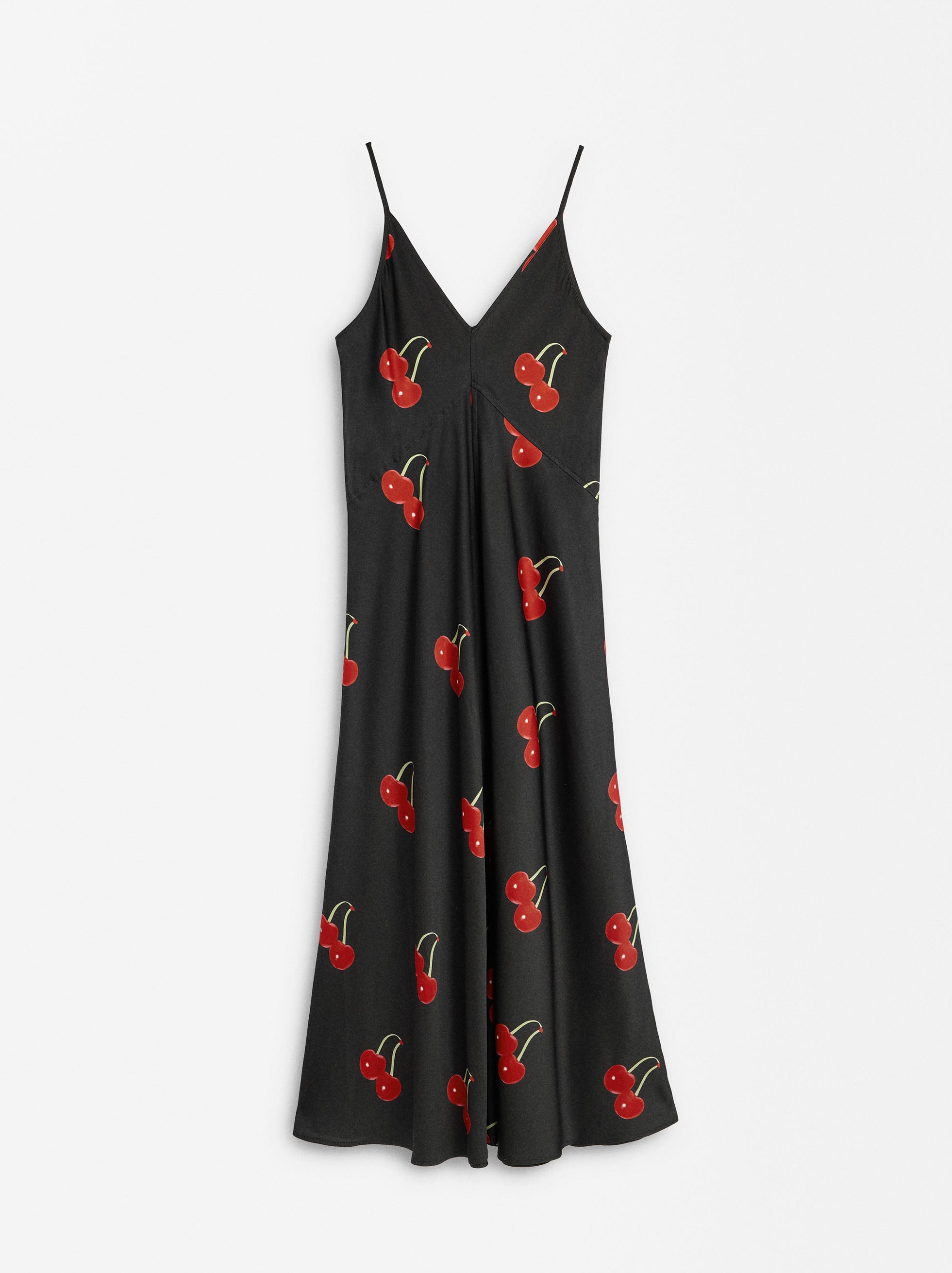 Vestido Largo Satinado Estampado Cerezas
