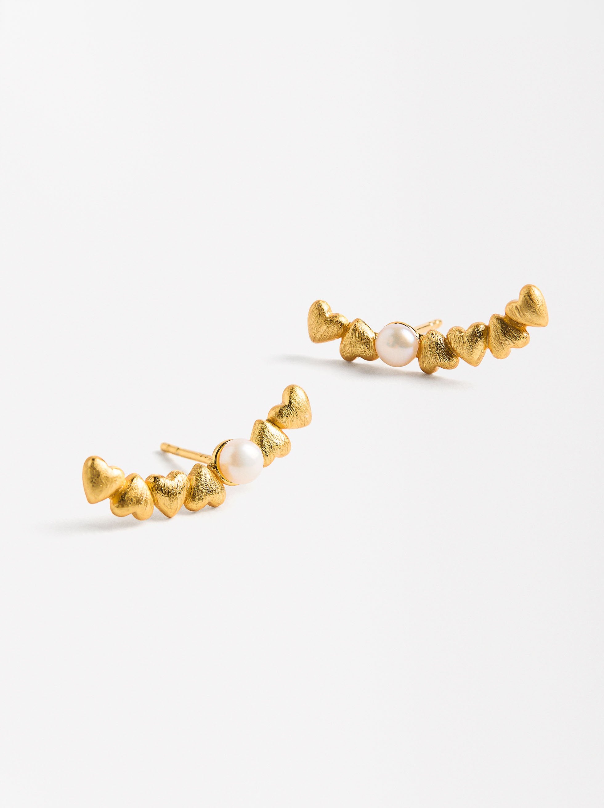 Aretes Con Corazones Y Perlas De Agua Dulce - Plata De Ley 925