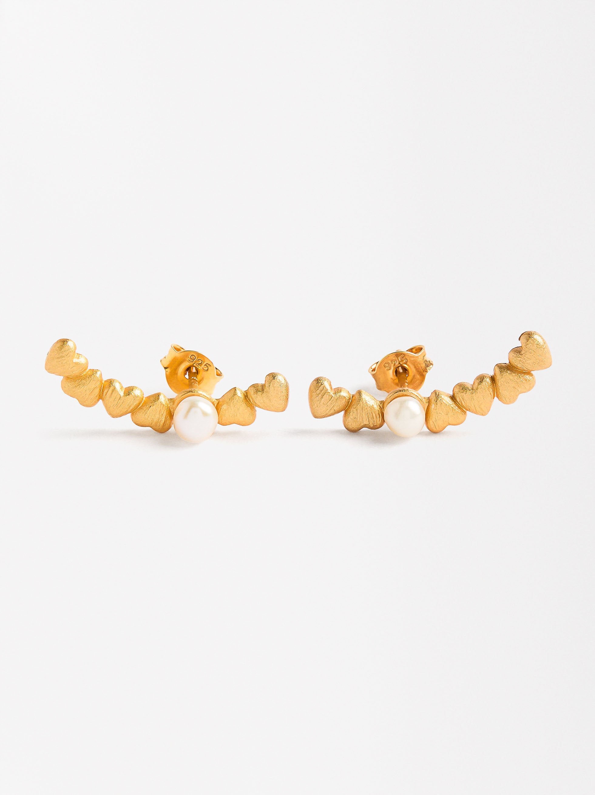 Aretes Con Corazones Y Perlas De Agua Dulce - Plata De Ley 925