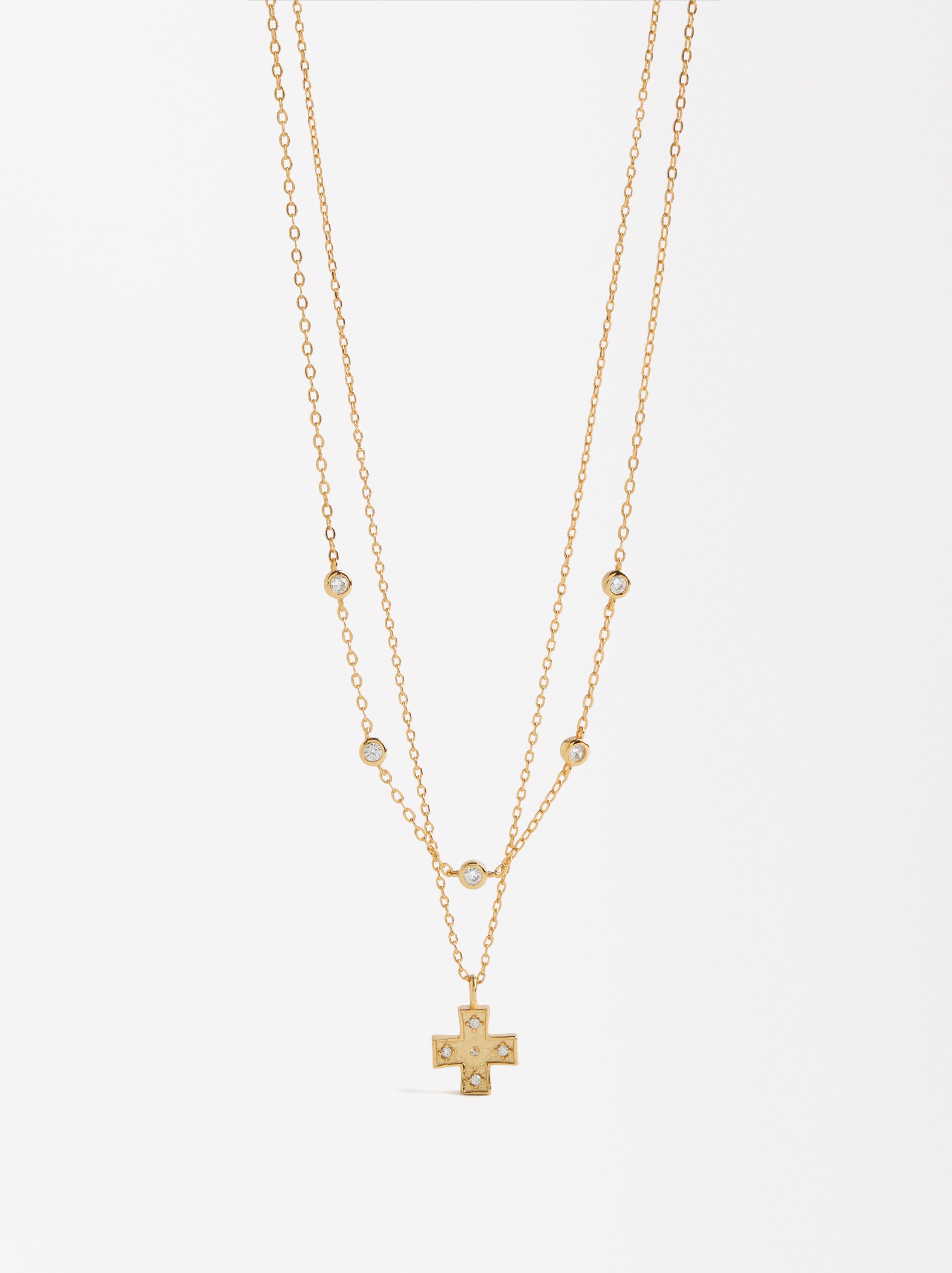 Collar Doble Con Circonitas Y Cruz - Plata De Ley 925
