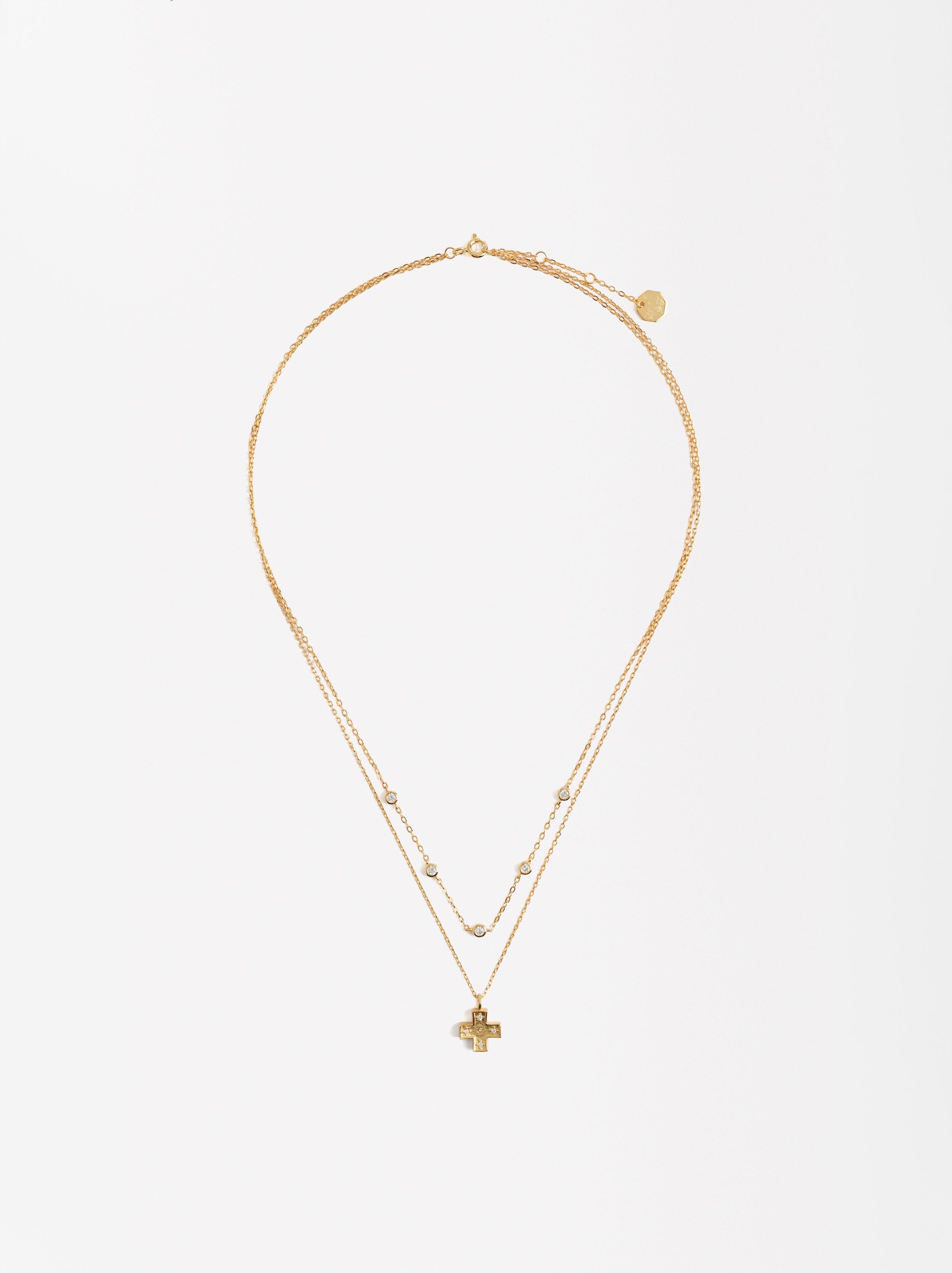Collar Doble Con Circonitas Y Cruz - Plata De Ley 925
