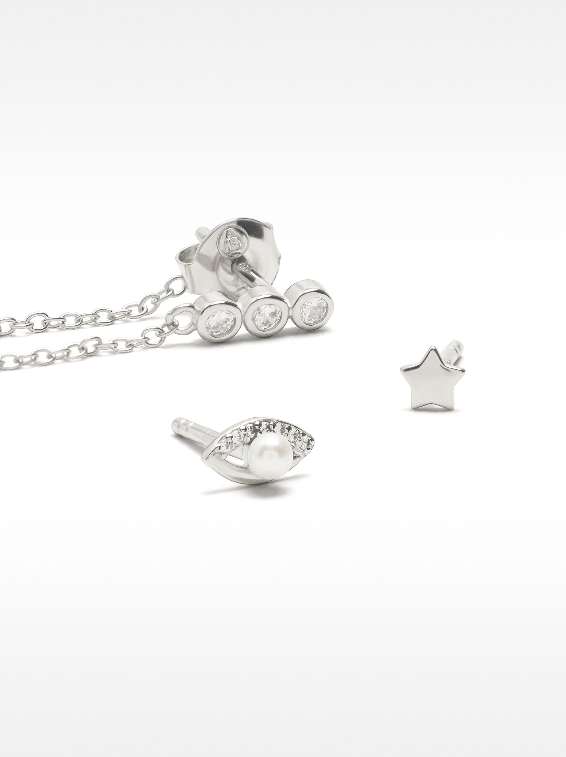 Set De Pendientes Circonitas Y Perla De Agua Dulce - Plata De Ley 925