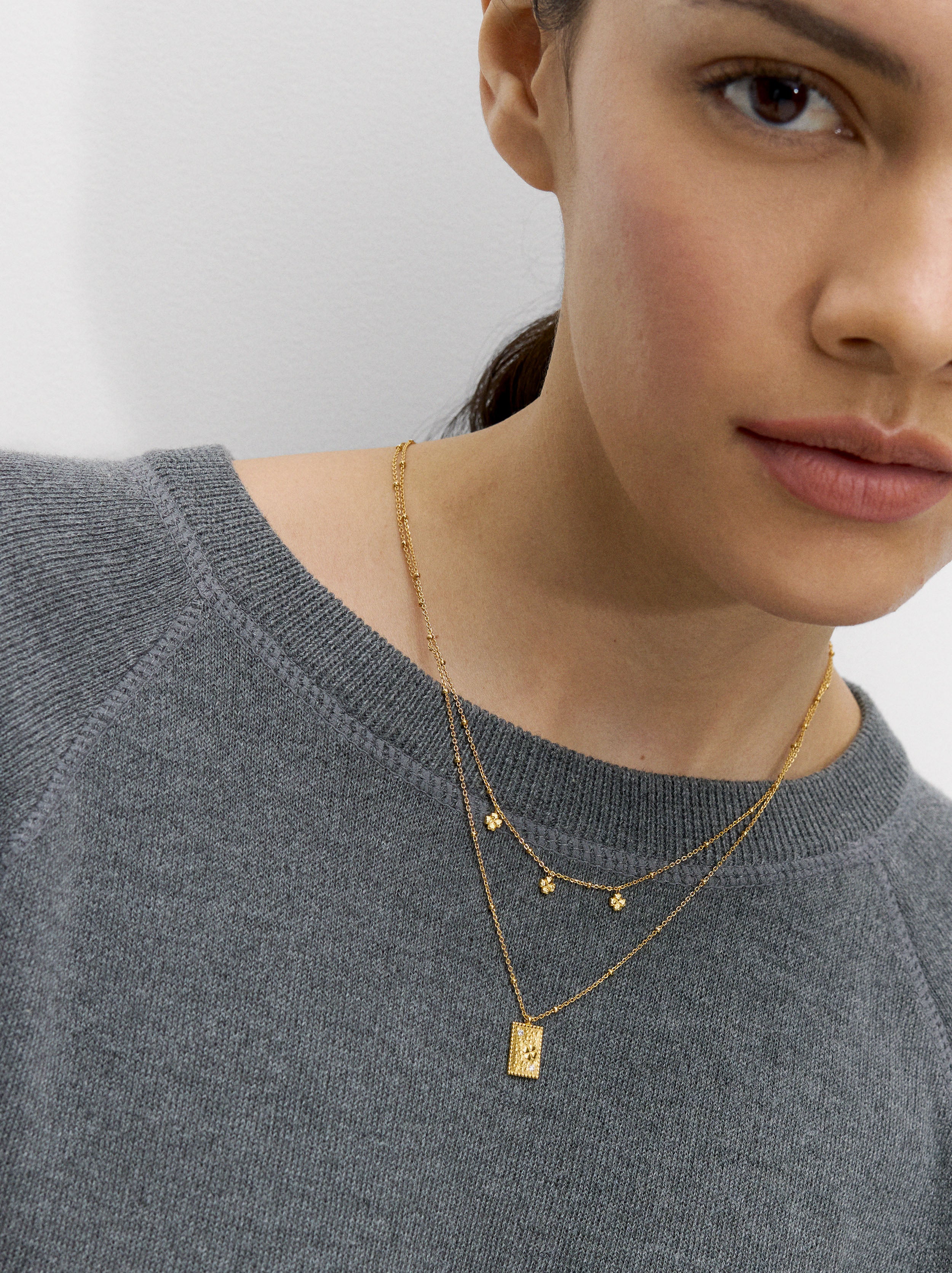 Collar Doble Con Medalla - Plata De Ley 925