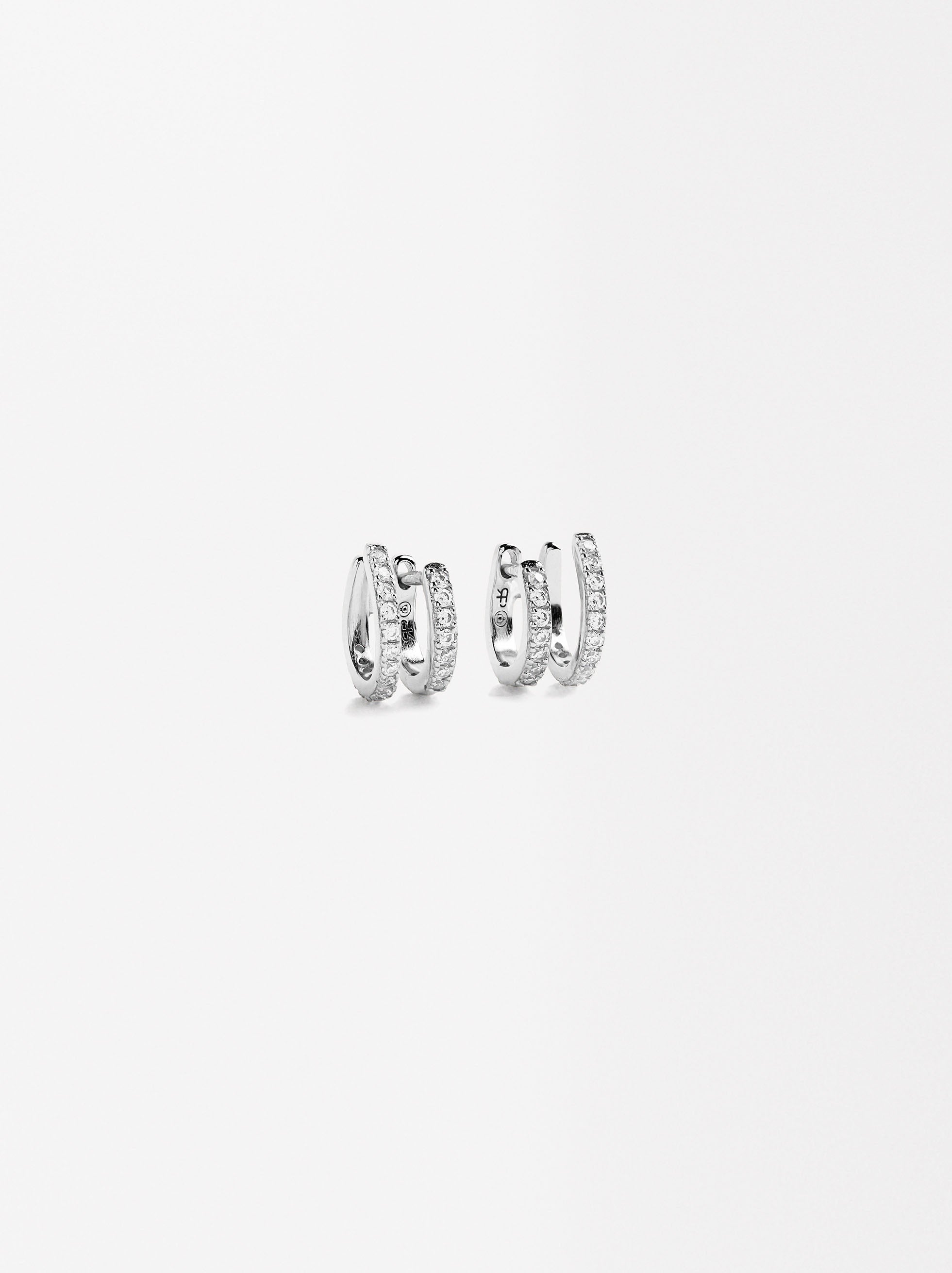 Aros Efecto Doble Con Circonias - Plata De Ley 925