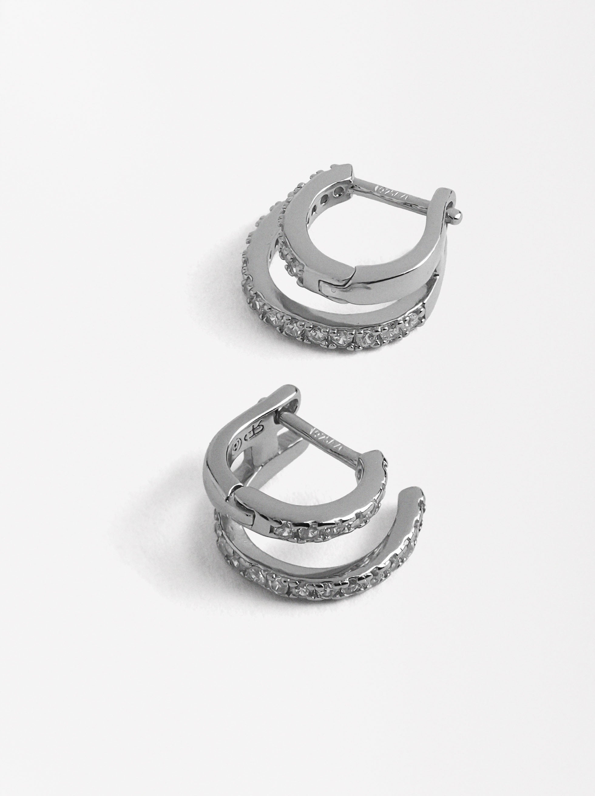 Aretes Efecto Doble Con Circonias - Plata De Ley 925