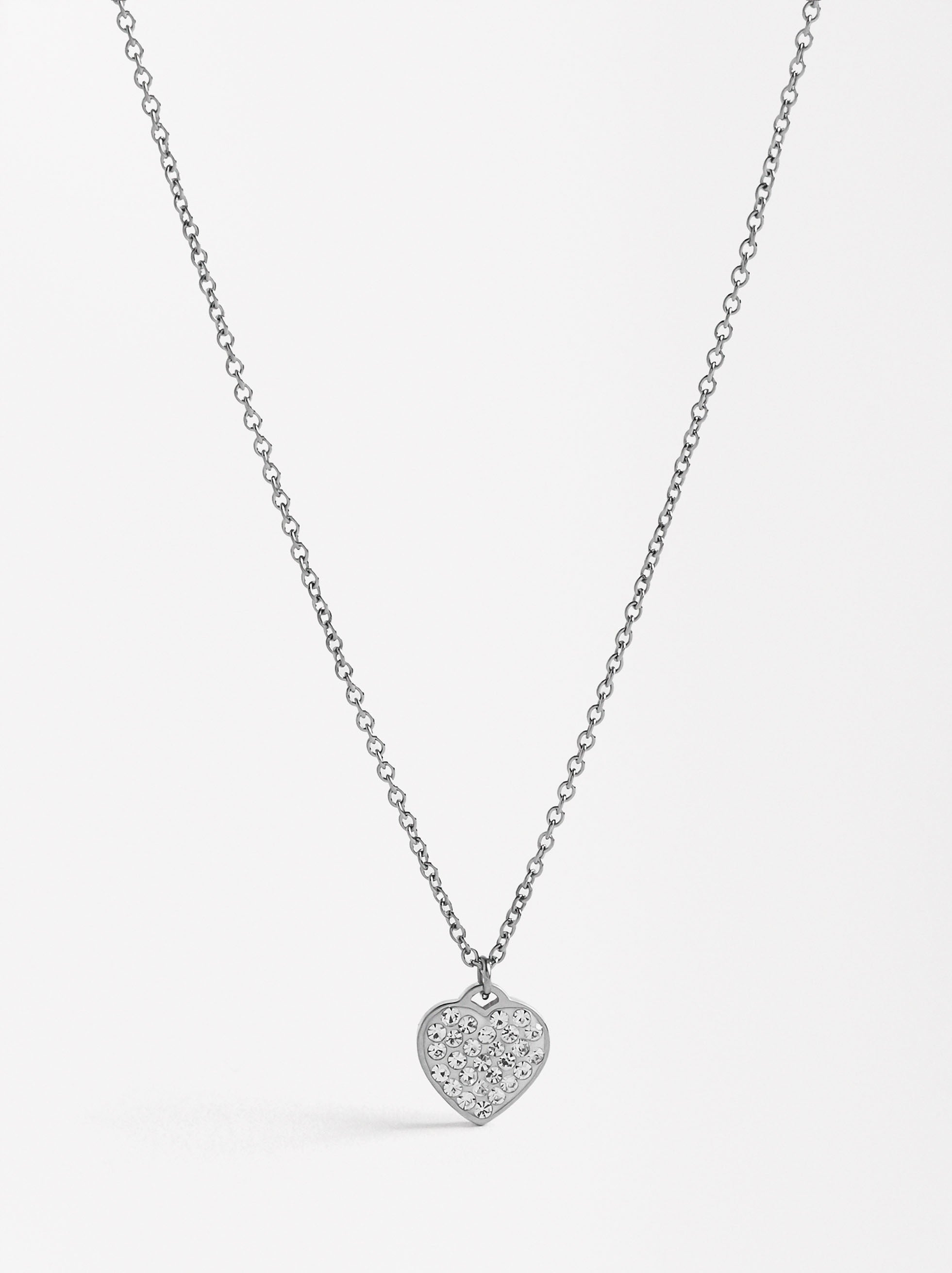 Collar Corto Con Corazón De Cristales - Acero Inoxidable