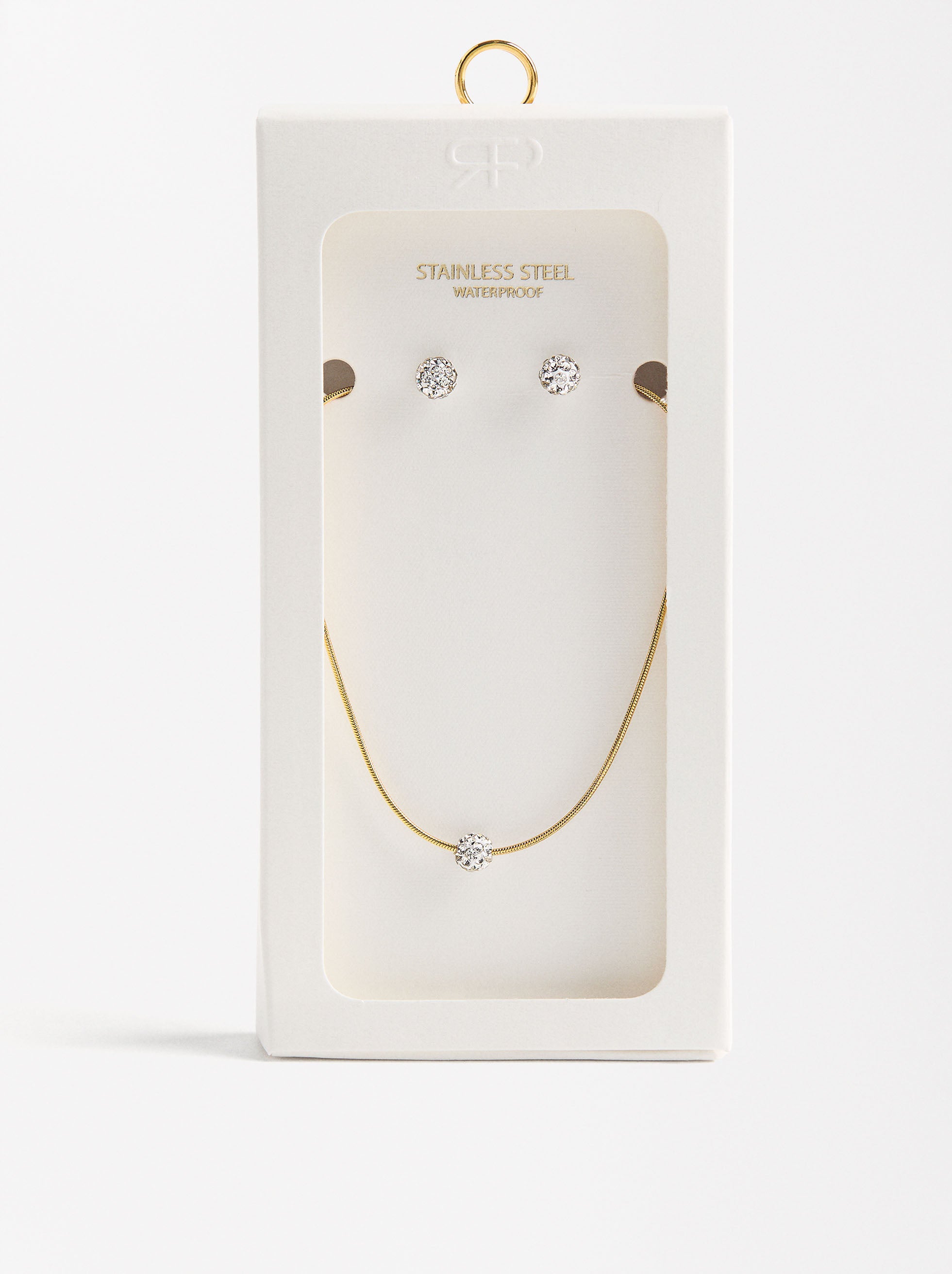 Set Collar Y Aretes Con Cristales - Acero Inoxidable