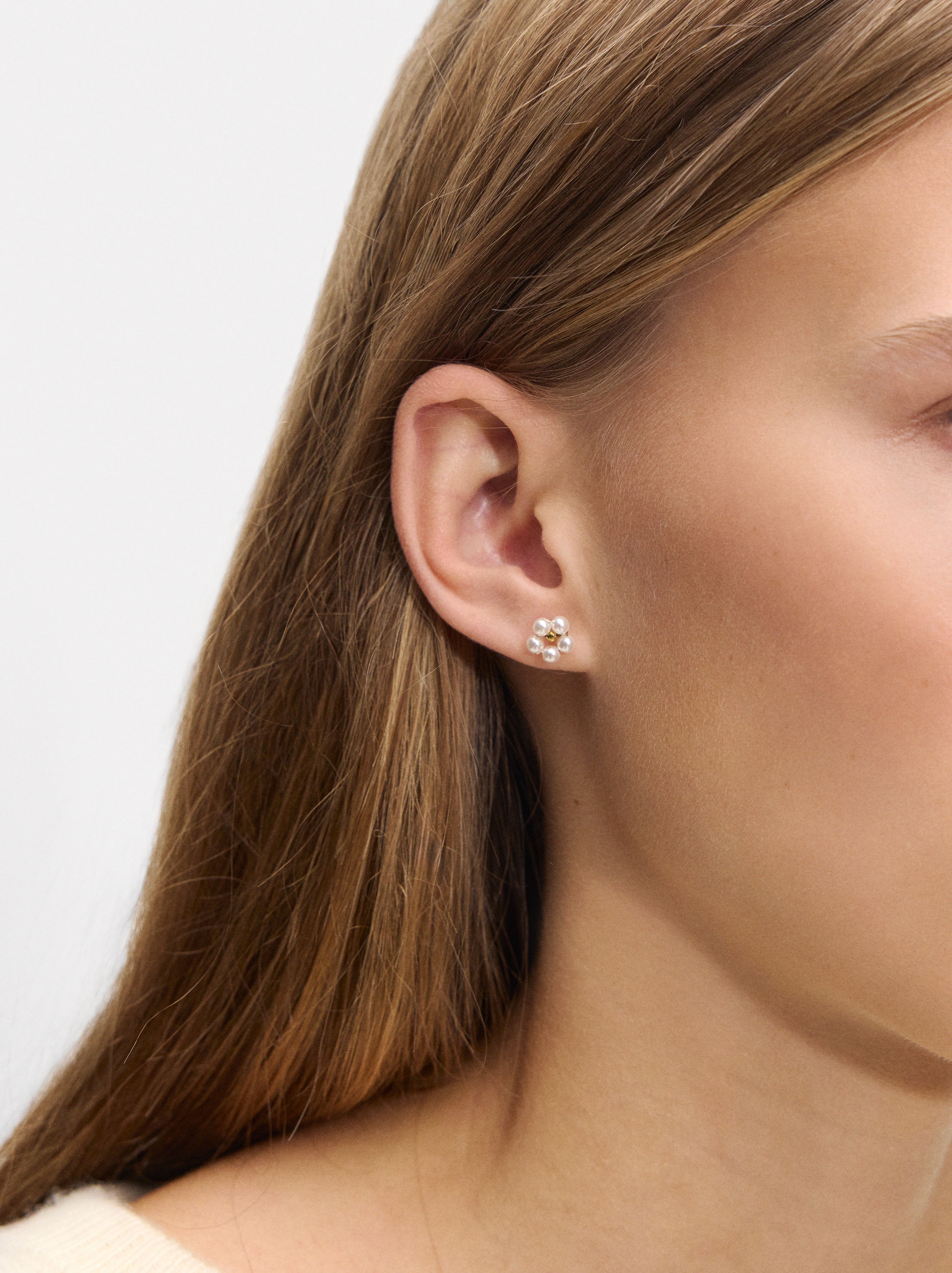 Aretes De Flores Con Perlas - Acero Inoxidable