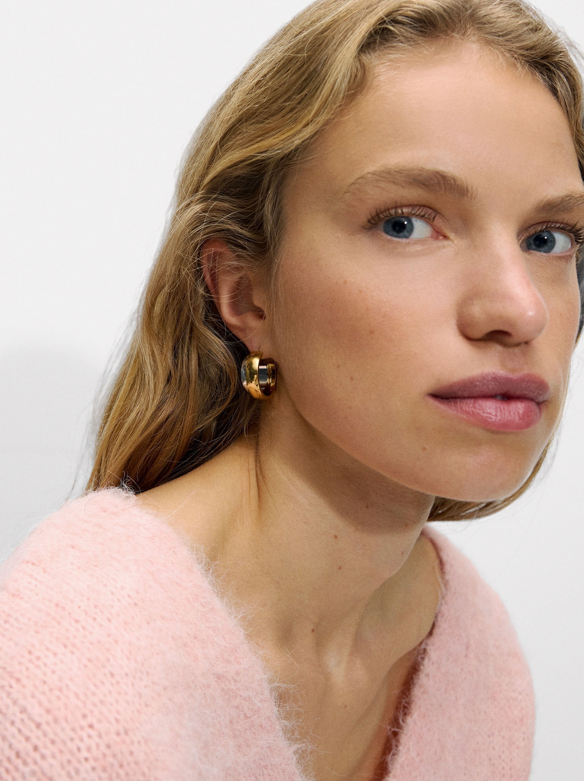 Aretes Bicolor Efecto Doble - Acero Inoxidable