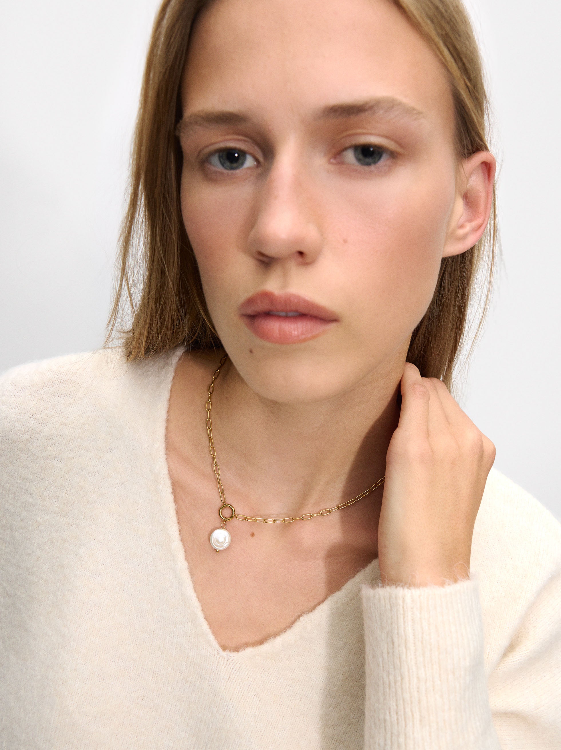 Collar Con Eslabones Y Perlas De Agua Dulce - Acero Inoxidable