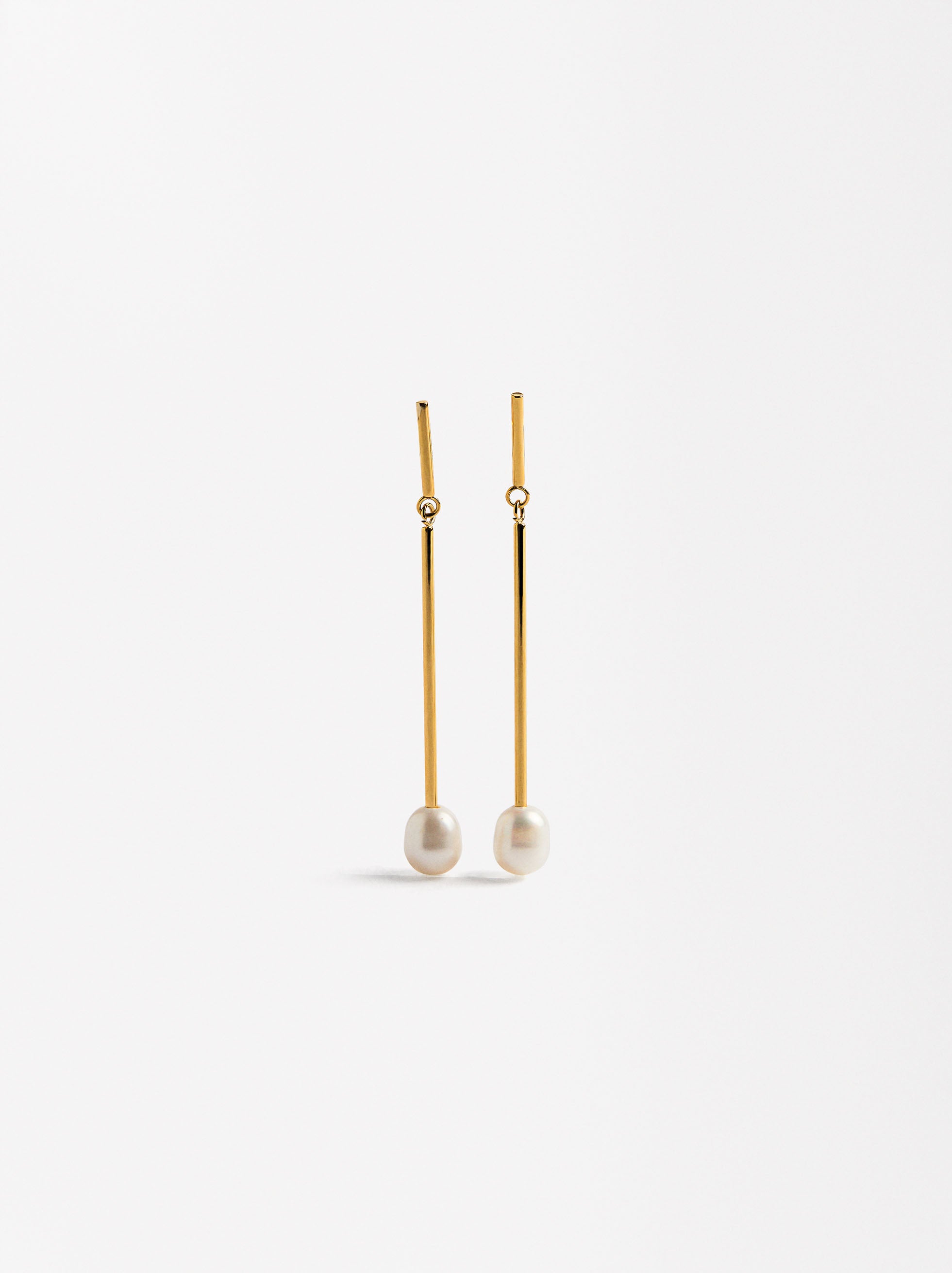 Aretes Largos De Barra Con Perlas De Agua Dulce - Acero Inoxidable