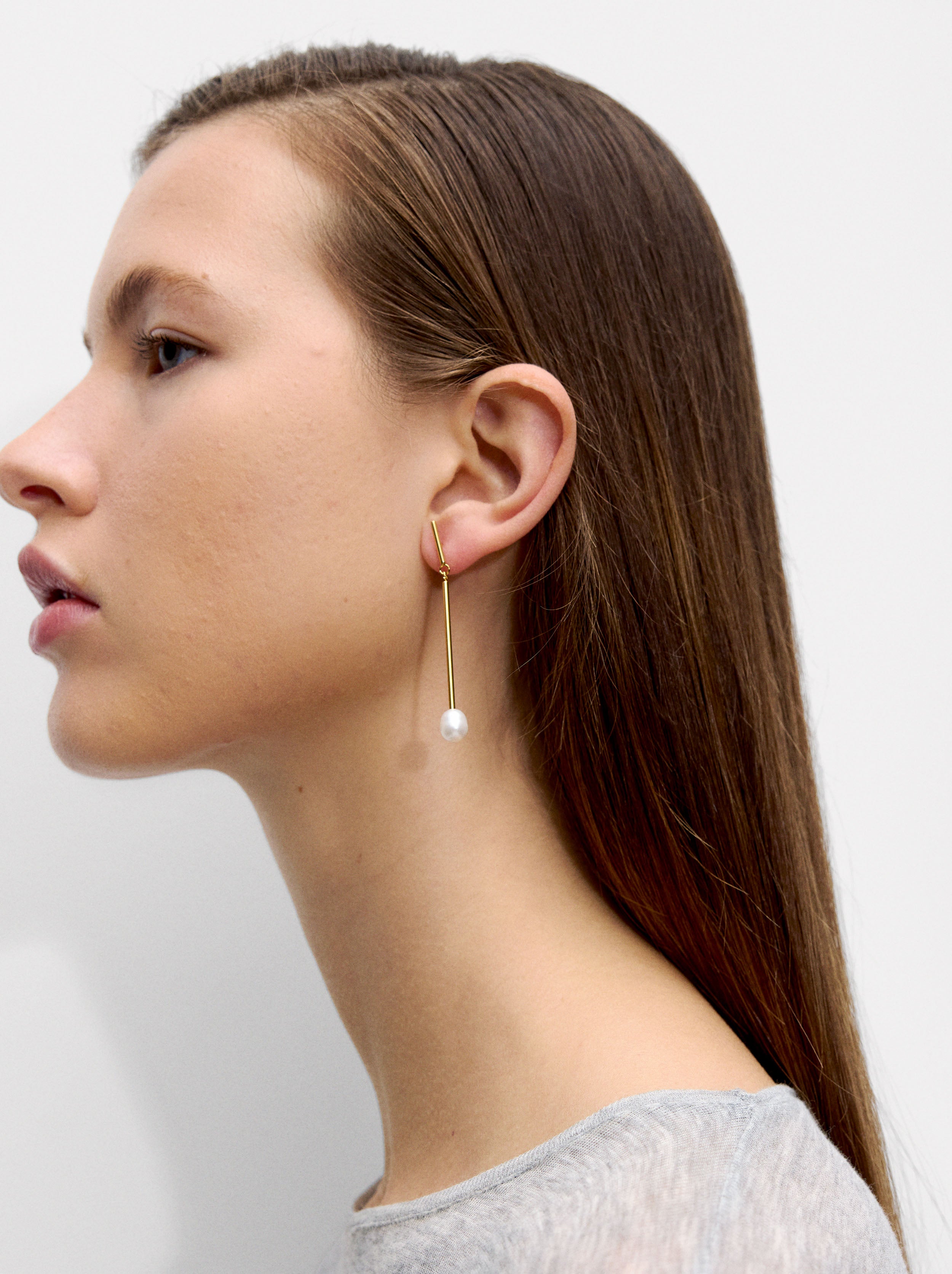 Aretes Largos De Barra Con Perlas De Agua Dulce - Acero Inoxidable