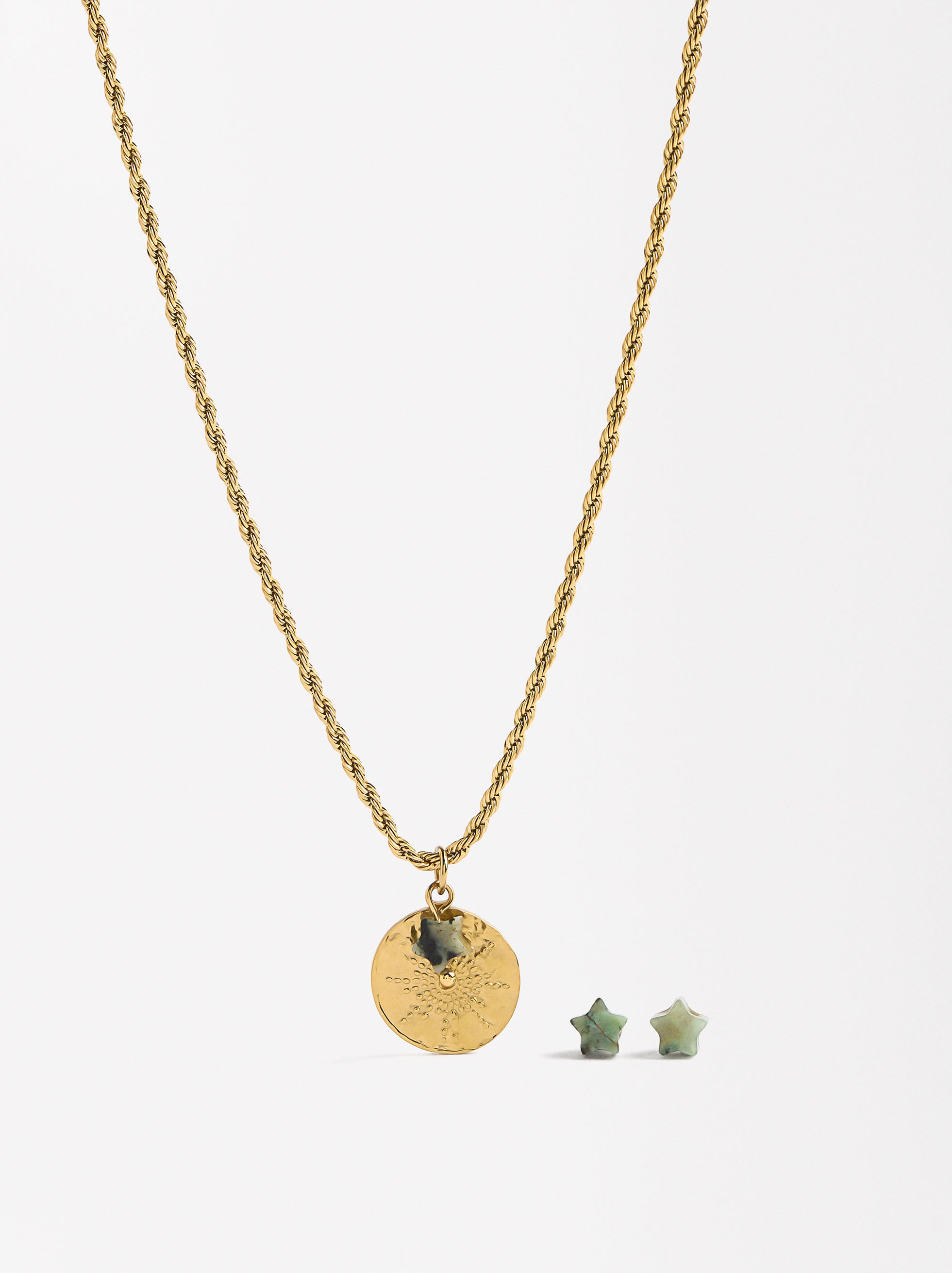 Set De Collar Con Aretes Piedra - Acero Inoxidable