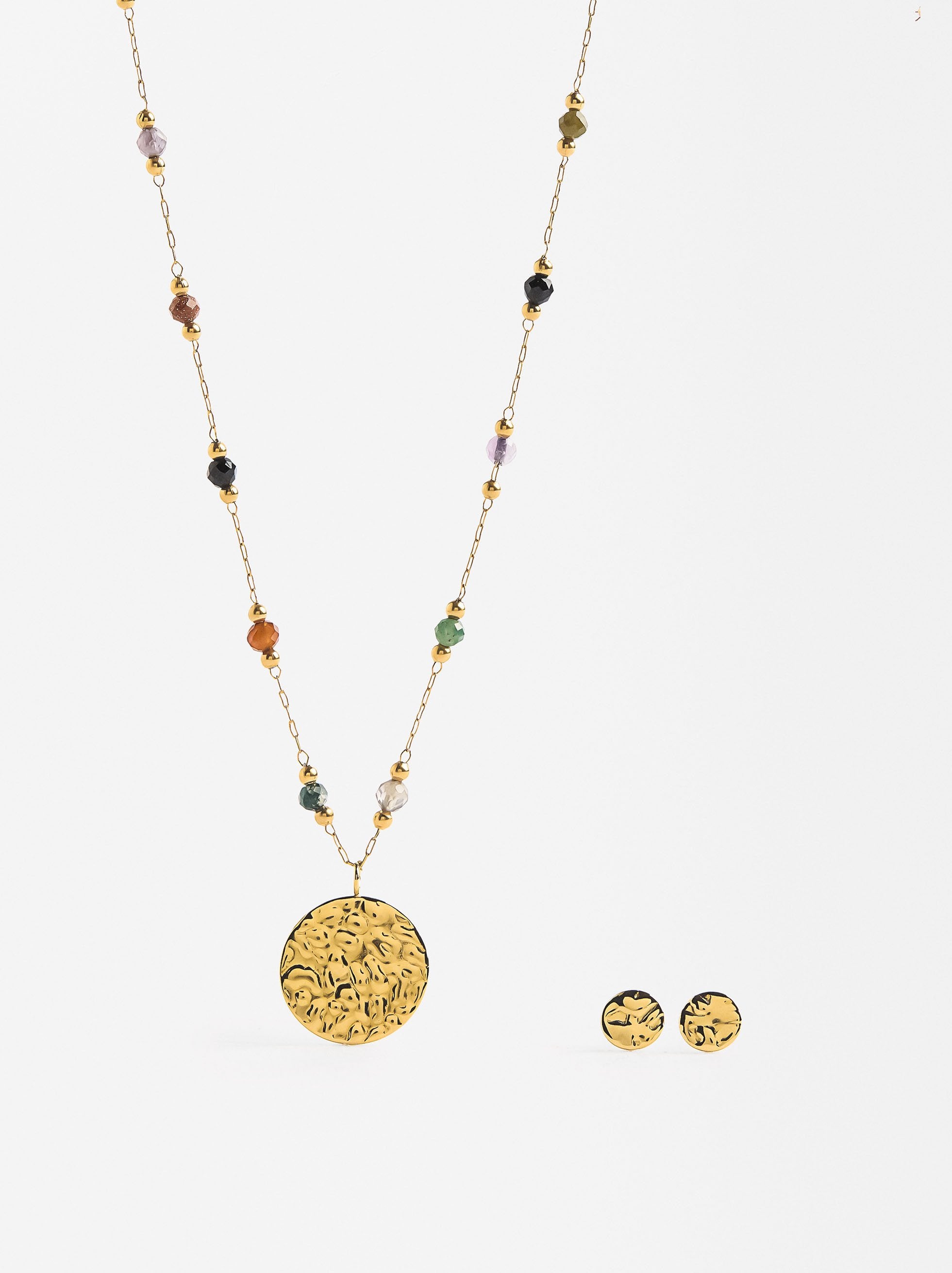 Set De Collar Y Aretes Con Piedras Y Medalla - Acero Inoxidable