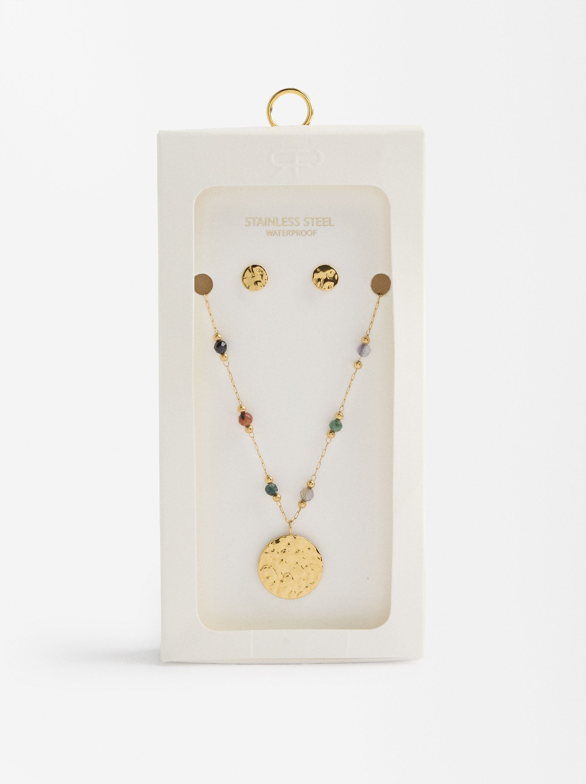 Set De Collar Y Aretes Con Piedras Y Medalla - Acero Inoxidable