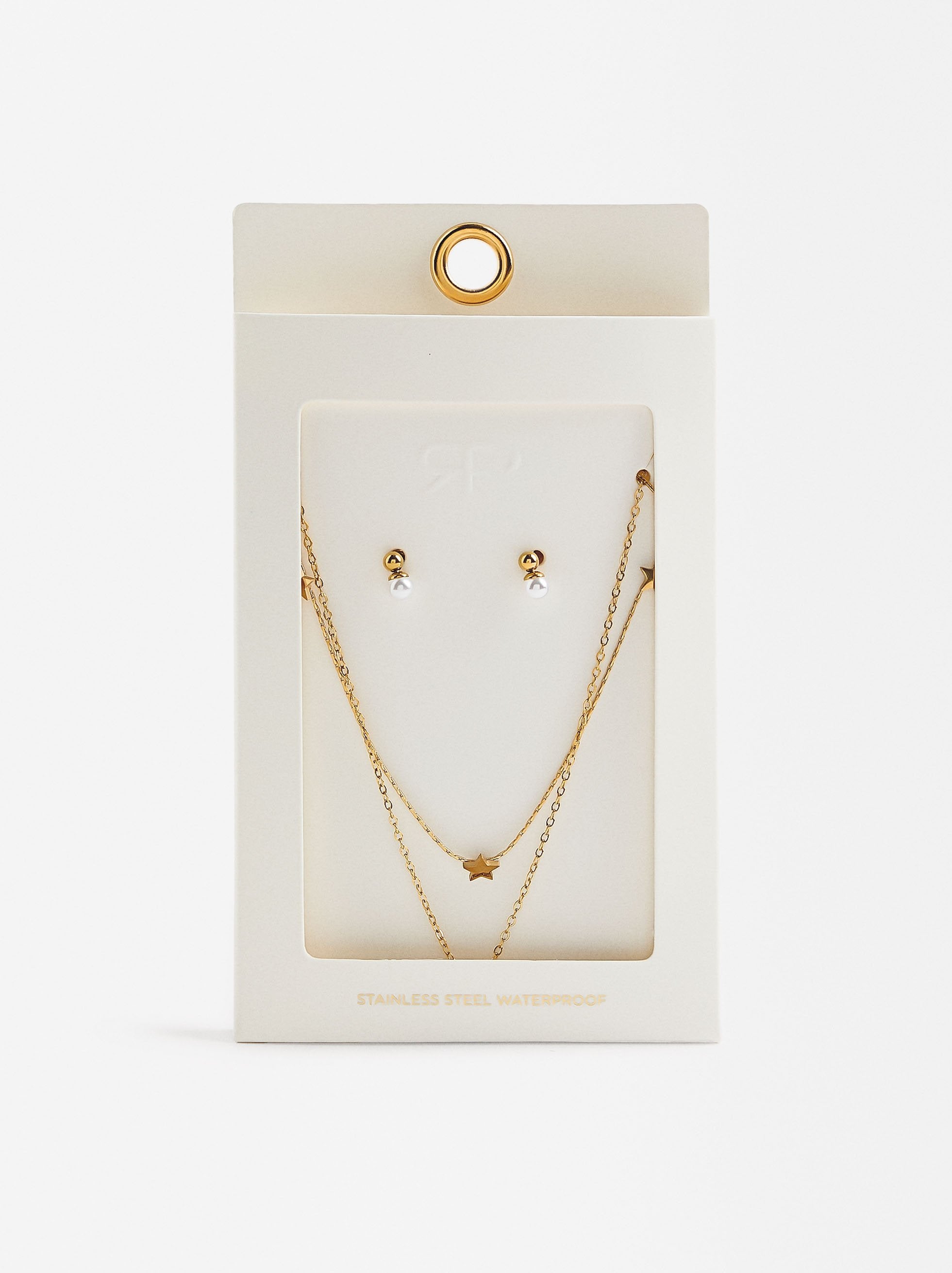Set De Collar Con Aretes Perla - Acero Inoxidable