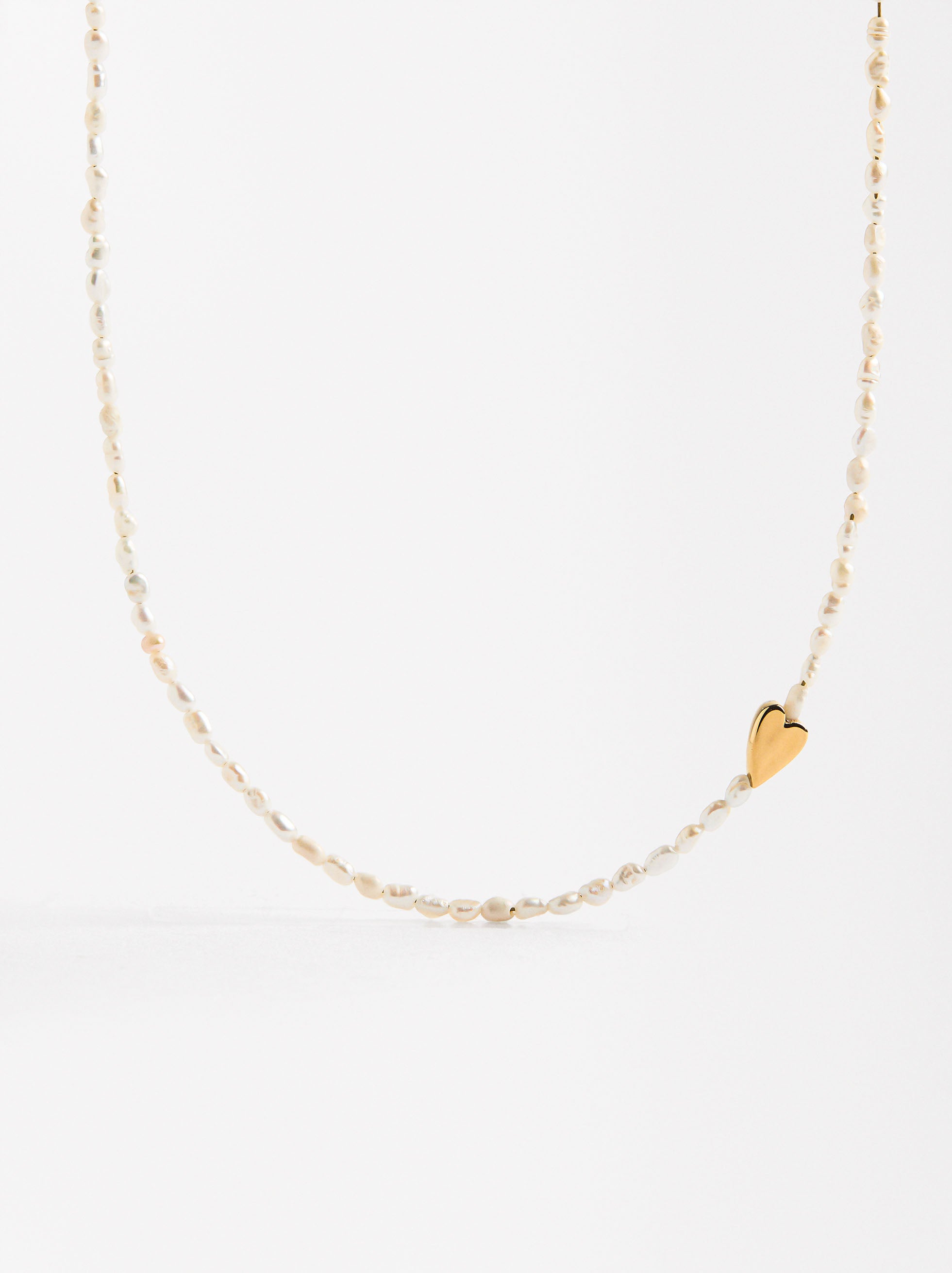 Collar De Perlas Con Corazón - Acero Inoxidable