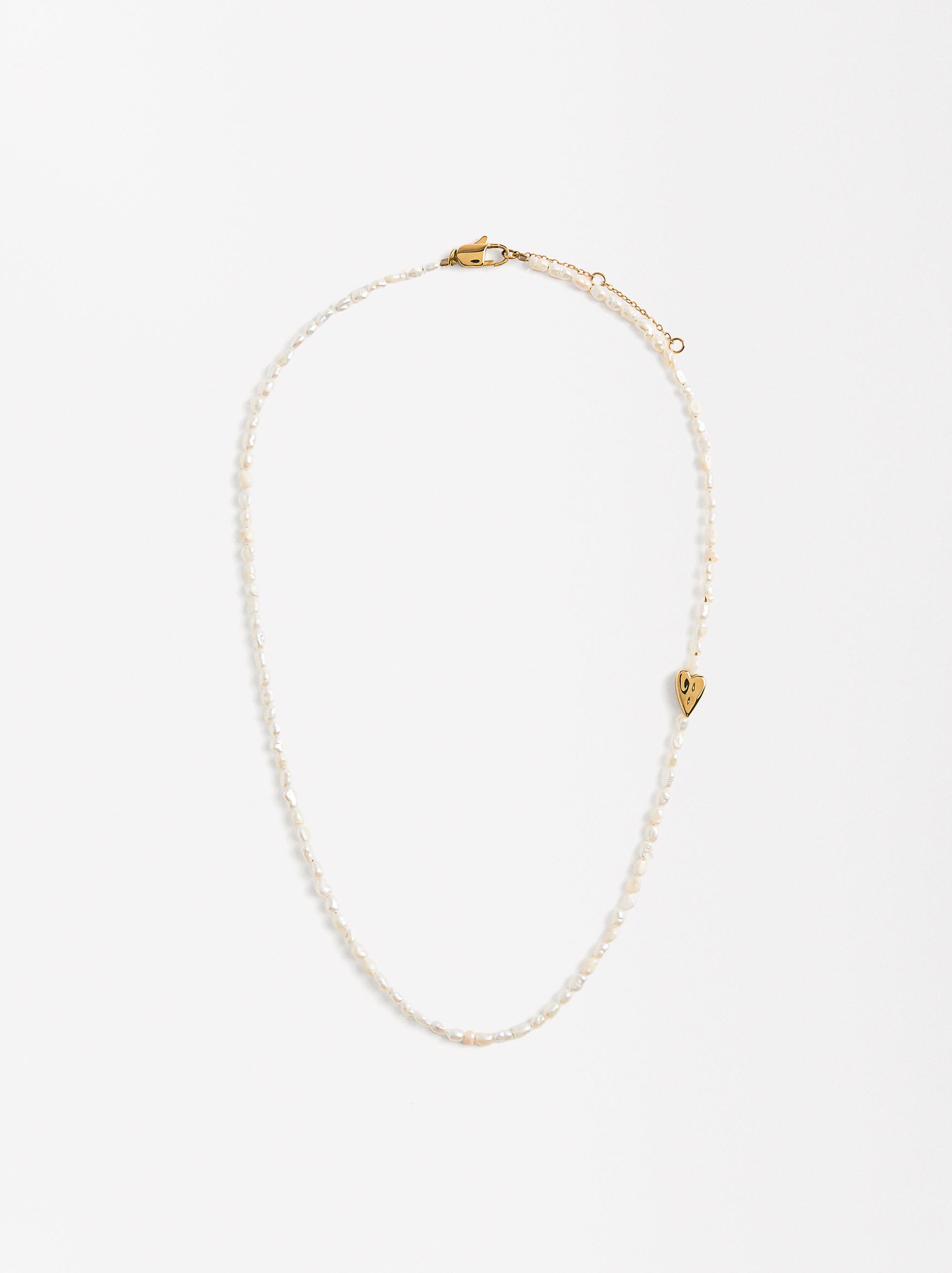 Collar De Perlas Con Corazón - Acero Inoxidable