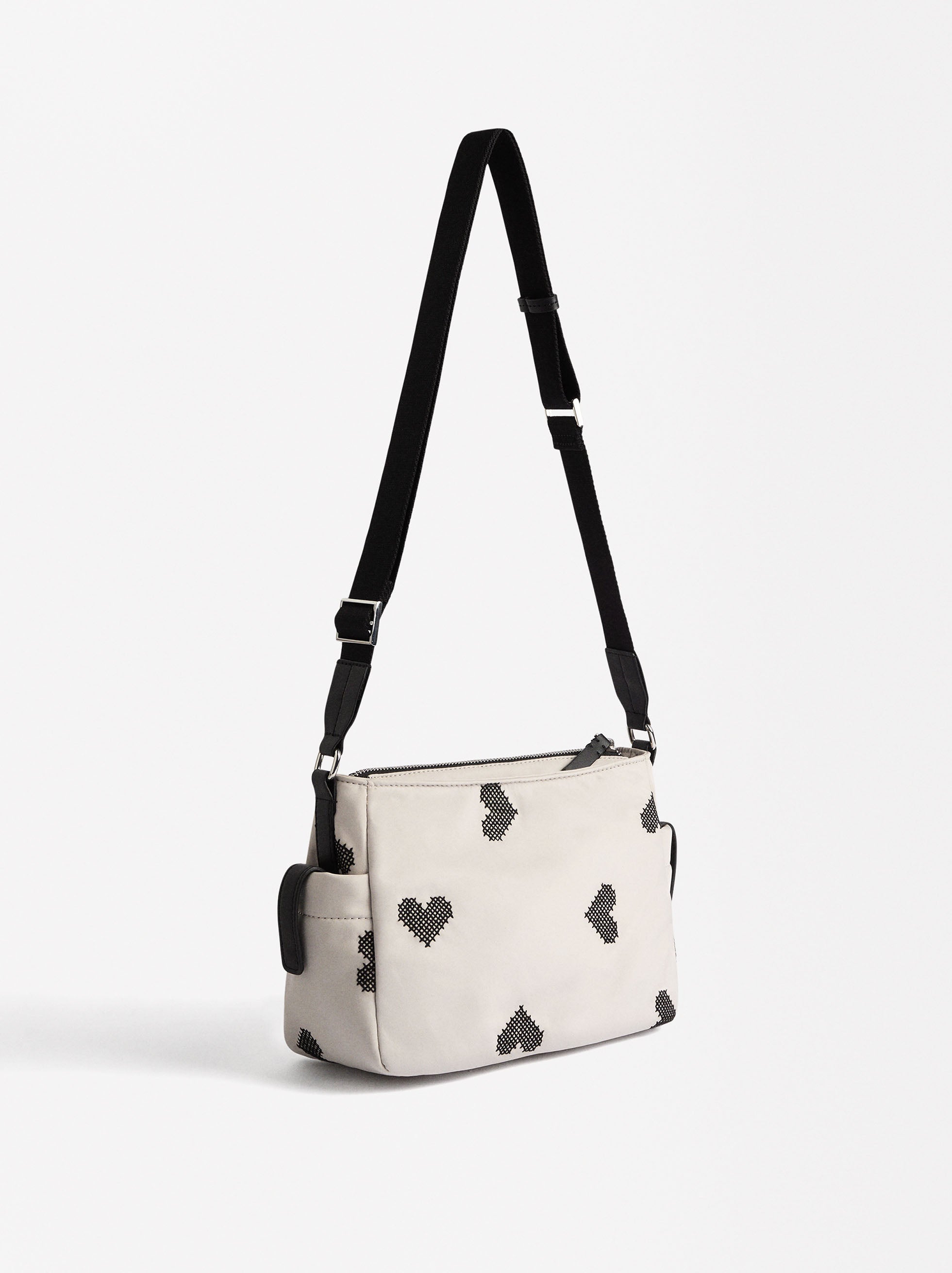 Cartera Bandolera De Nylon Bordado Corazones