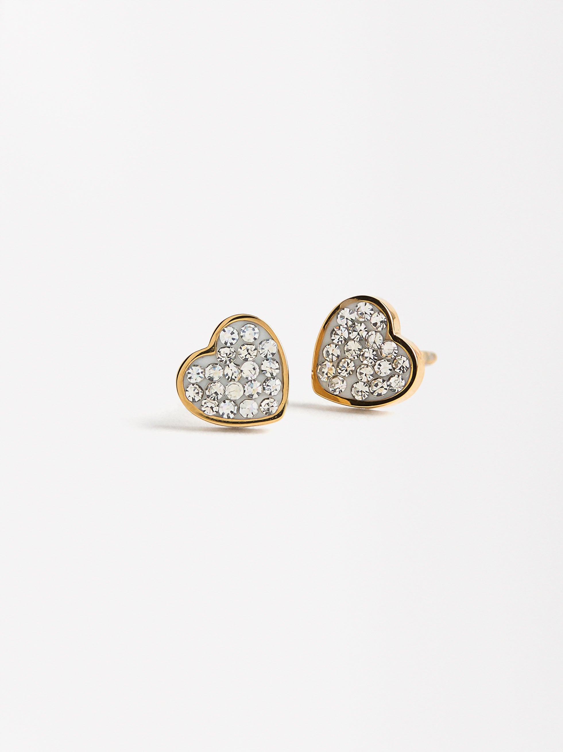Aretes De Corazón Con Cristales - Acero Inoxidable
