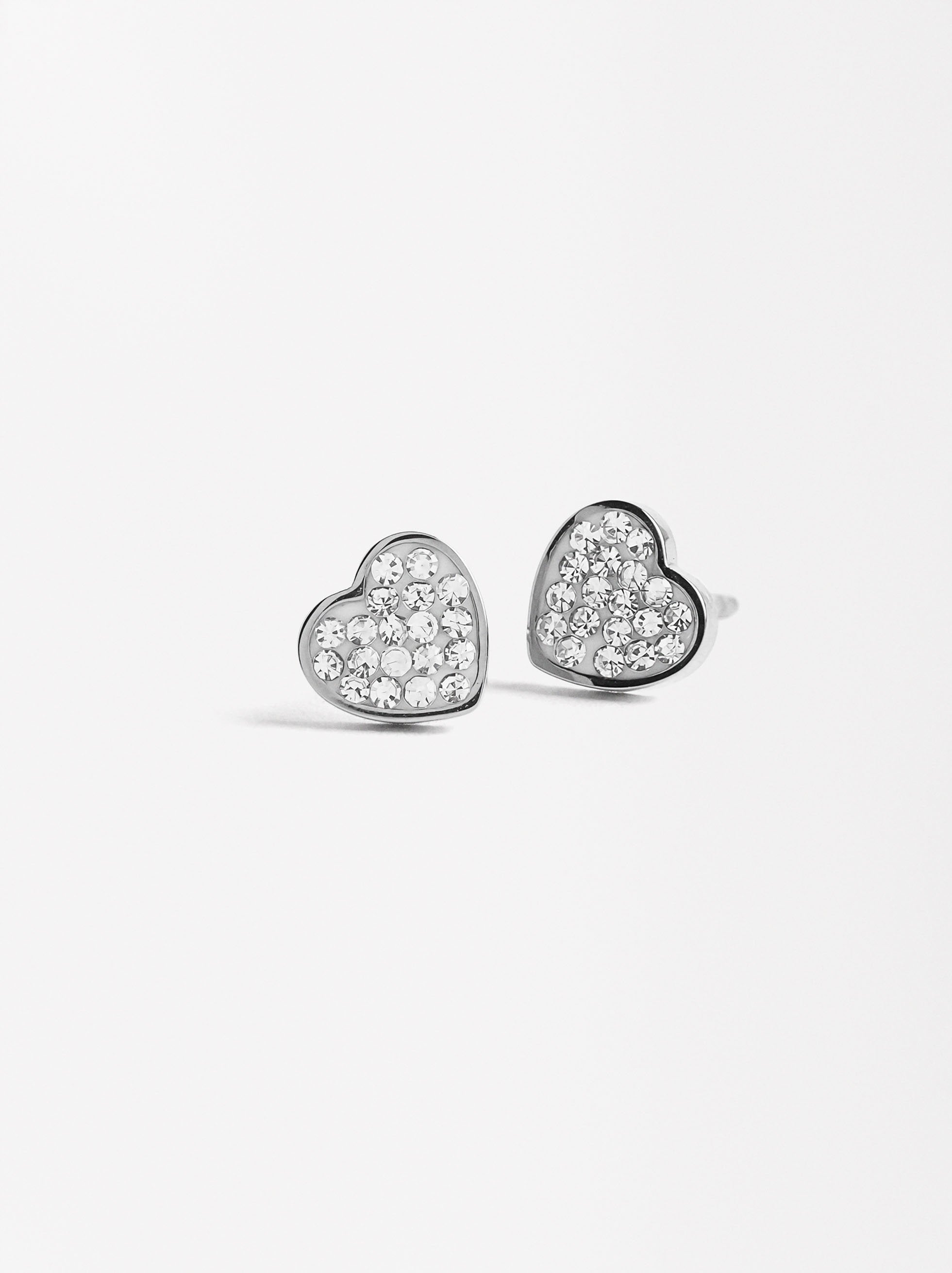 Aretes De Corazón Con Cristales - Acero Inoxidable
