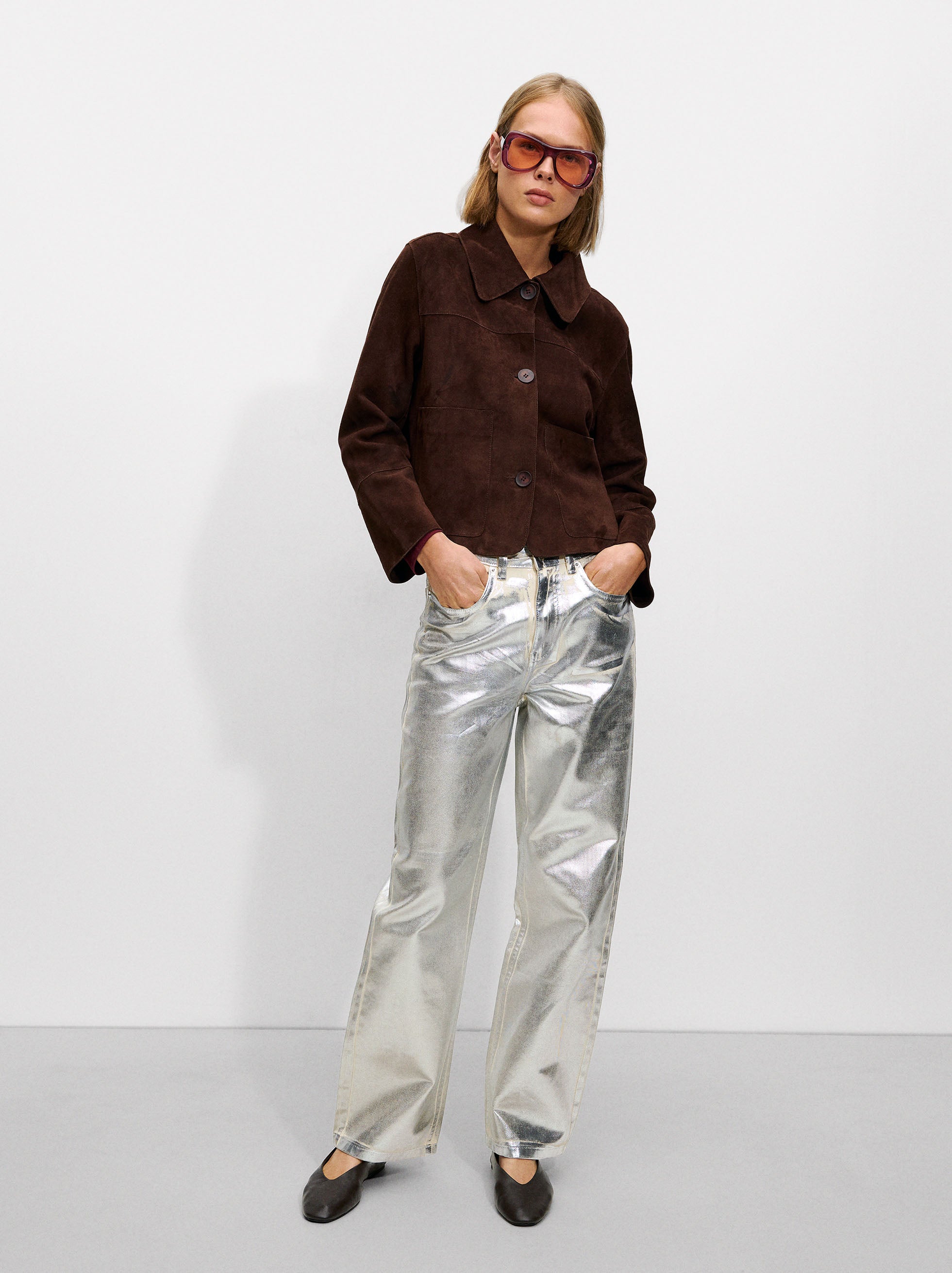 Pantalón De Denim Con Foil Plateado