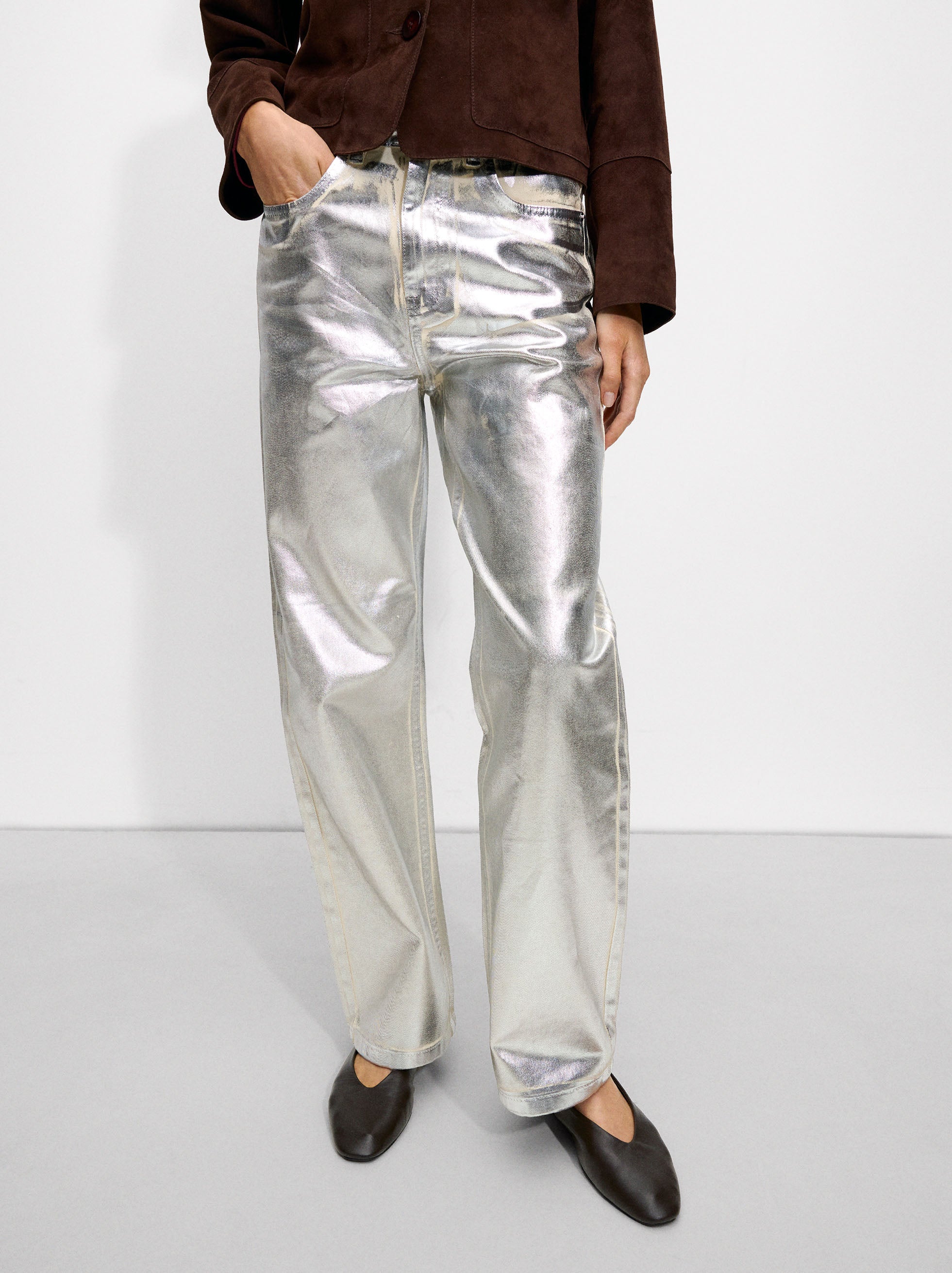 Pantalón De Denim Con Foil Plateado