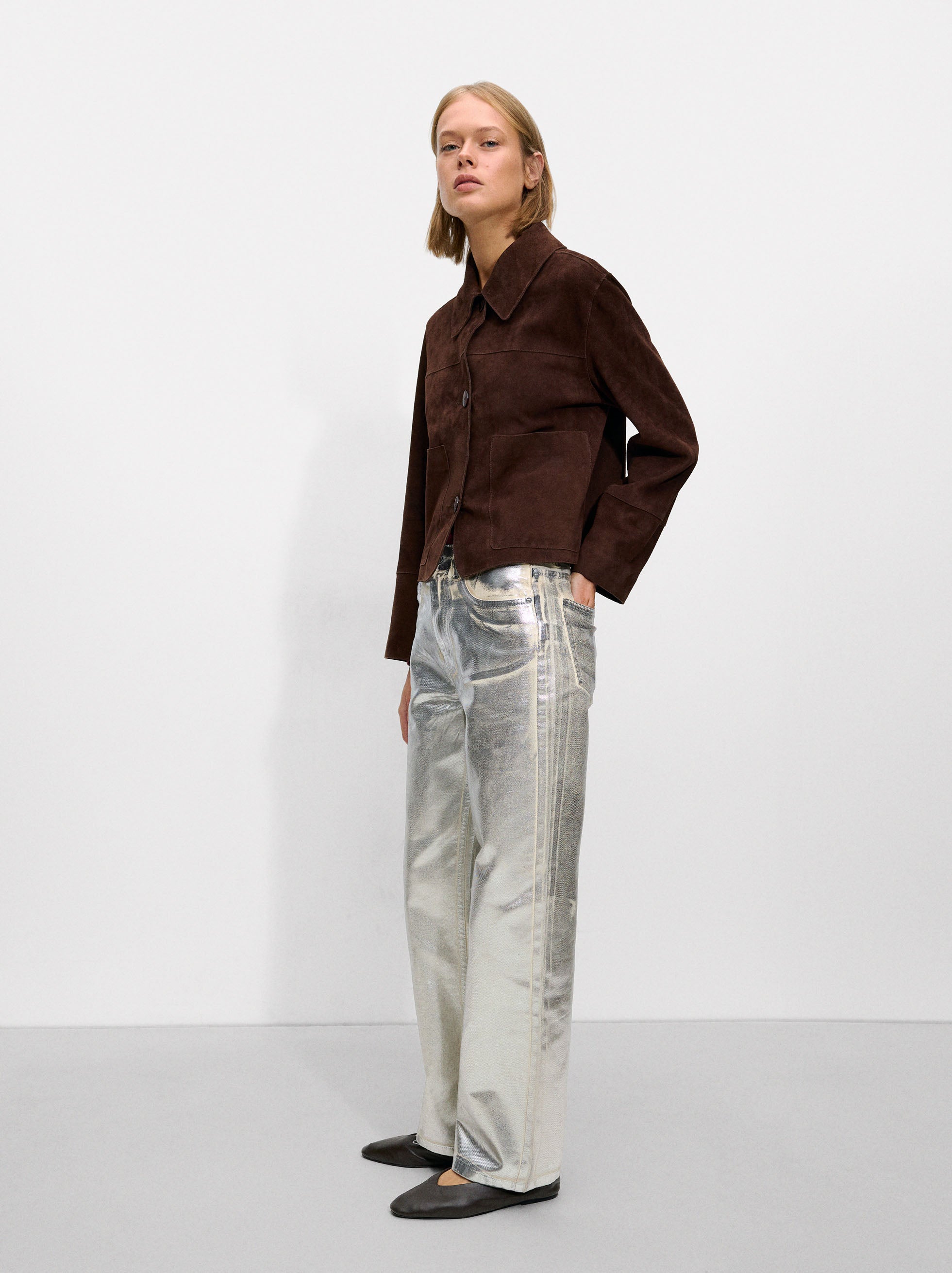 Pantalón De Denim Con Foil Plateado