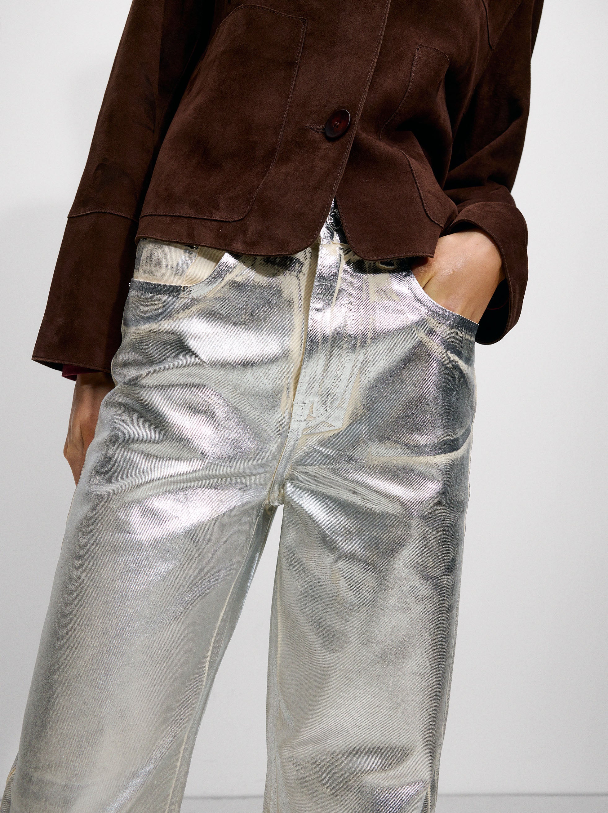 Pantalón De Denim Con Foil Plateado