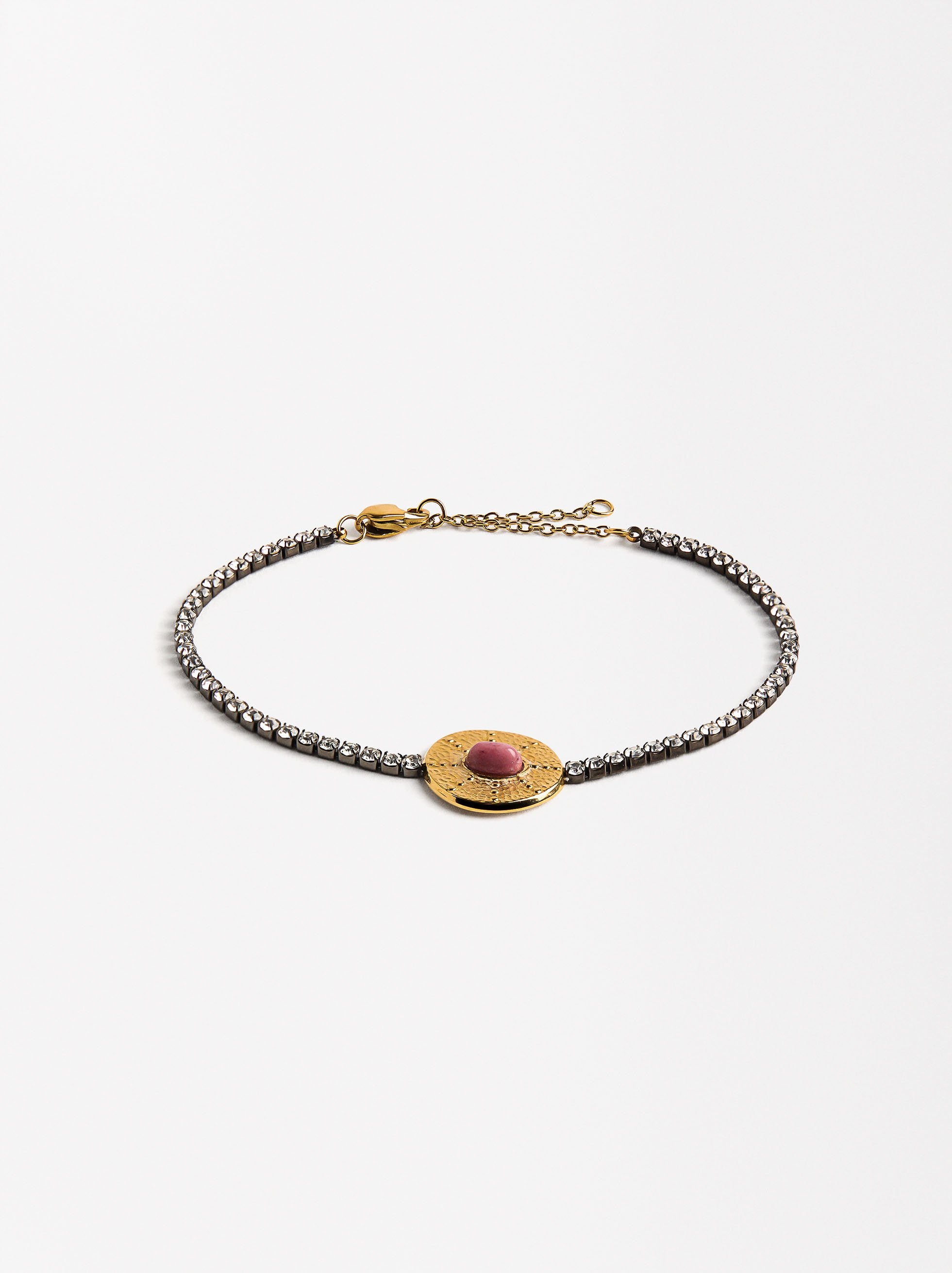 Pulsera Bicolor Con Cristales Y Piedra - Acero Inoxidable