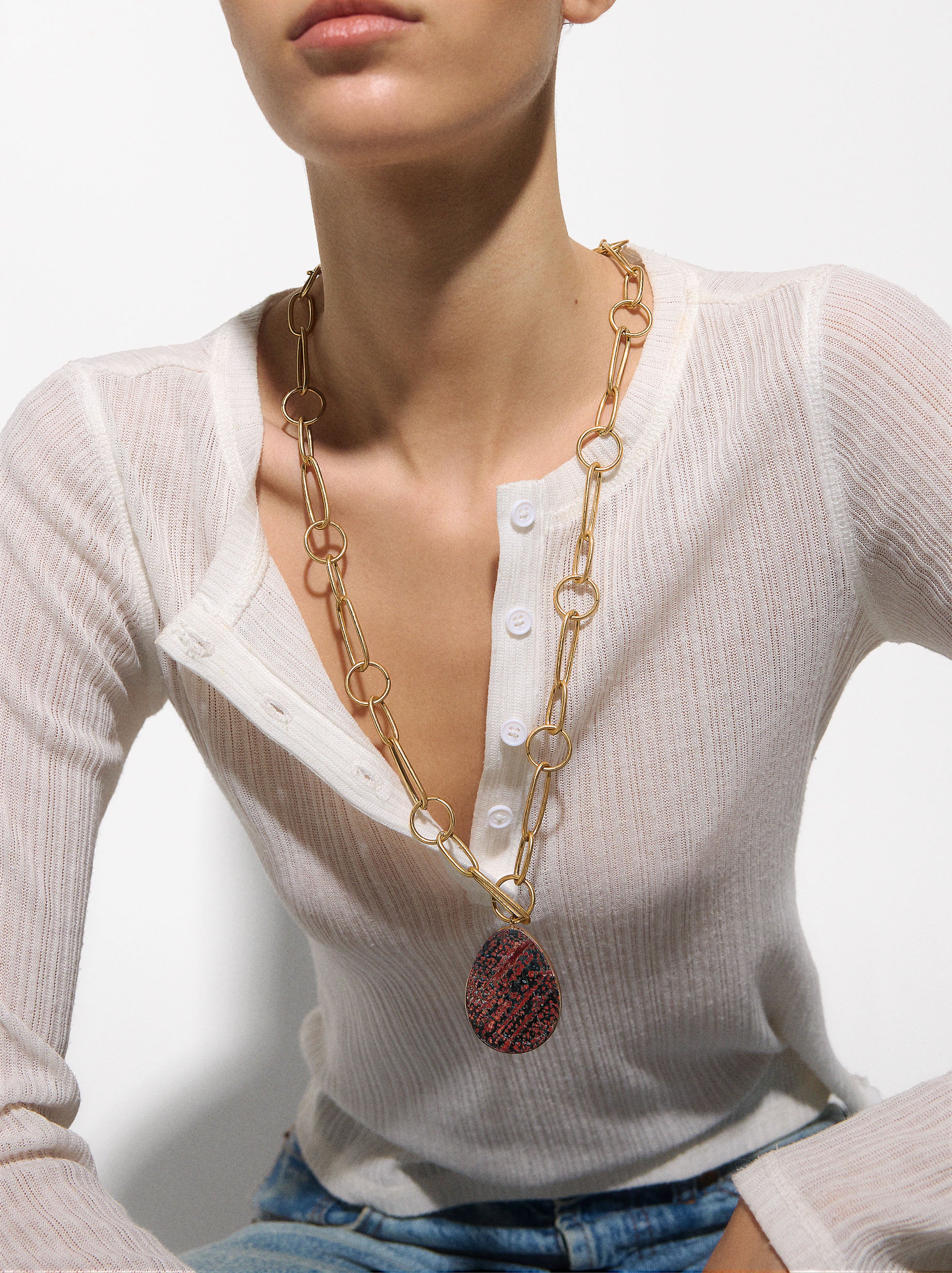 Collar Largo De Eslabones Con Piedra