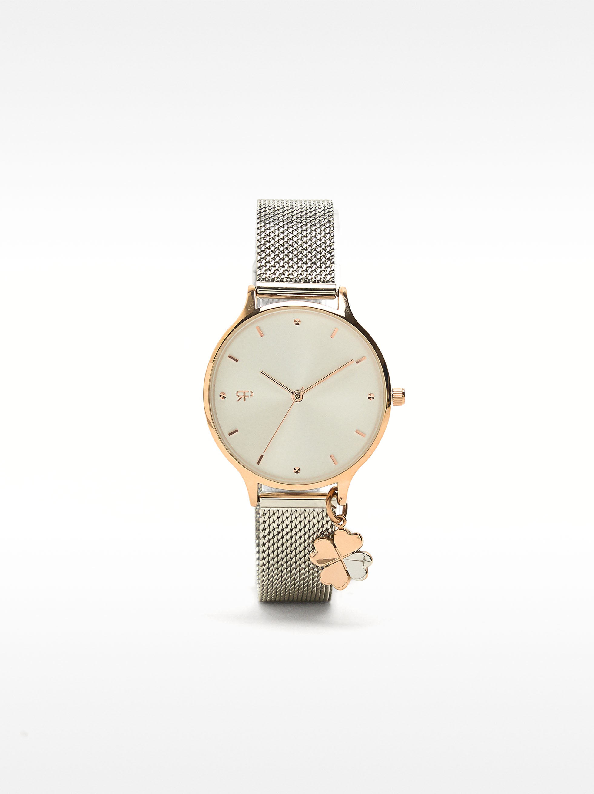 Reloj Bicolor De Malla Metálica Con Charm