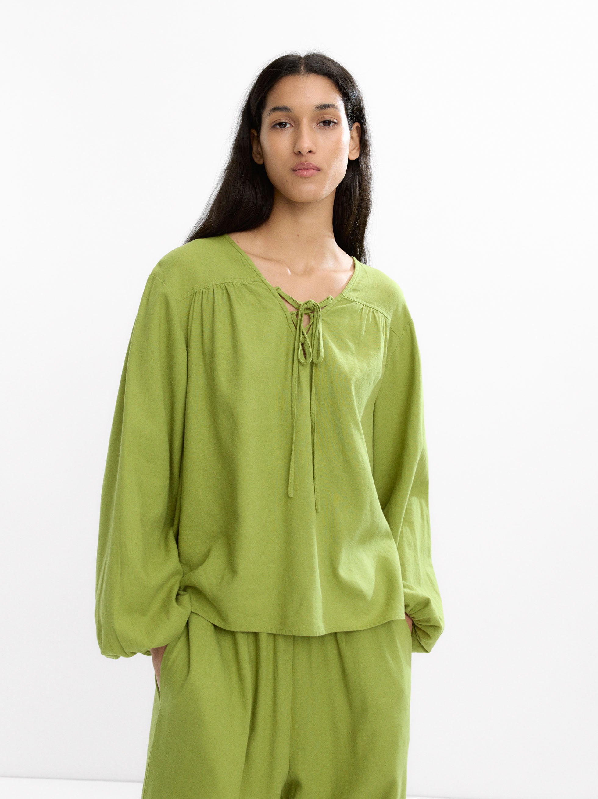 Blusa Manga Larga Con Lino