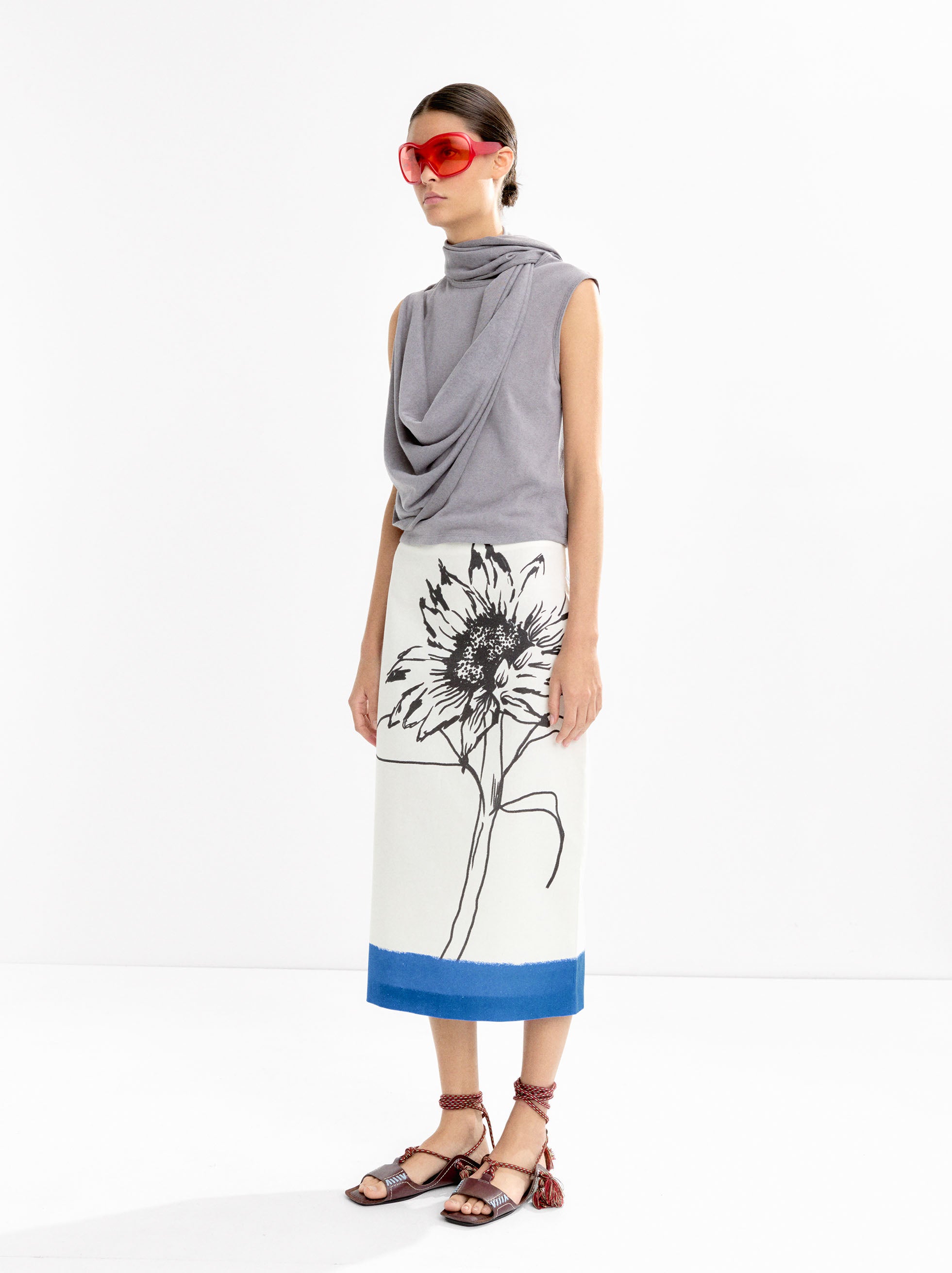 Falda Midi Con Lino Estampado Floral