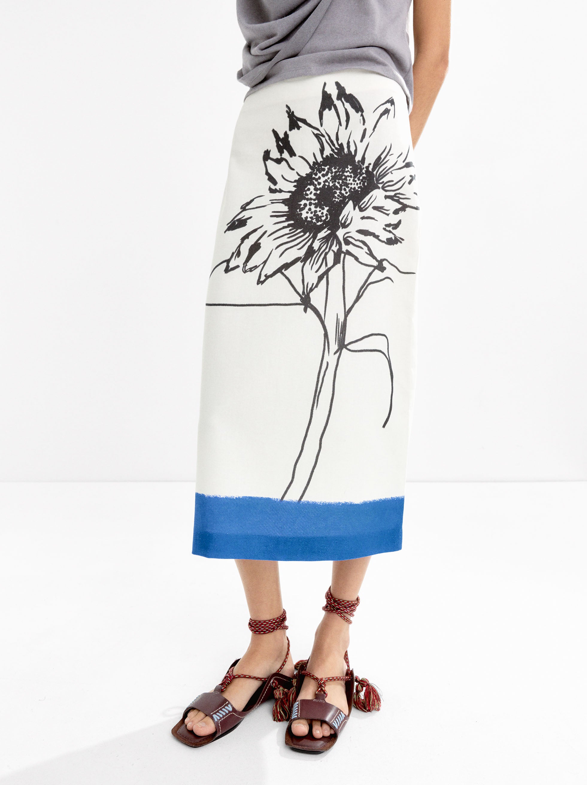 Falda Midi Con Lino Estampado Floral