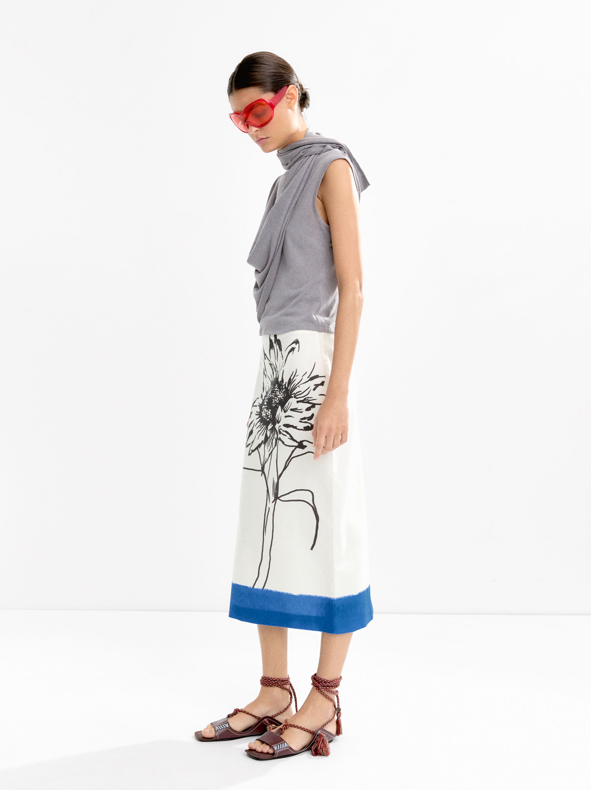 Falda Midi Con Lino Estampado Floral