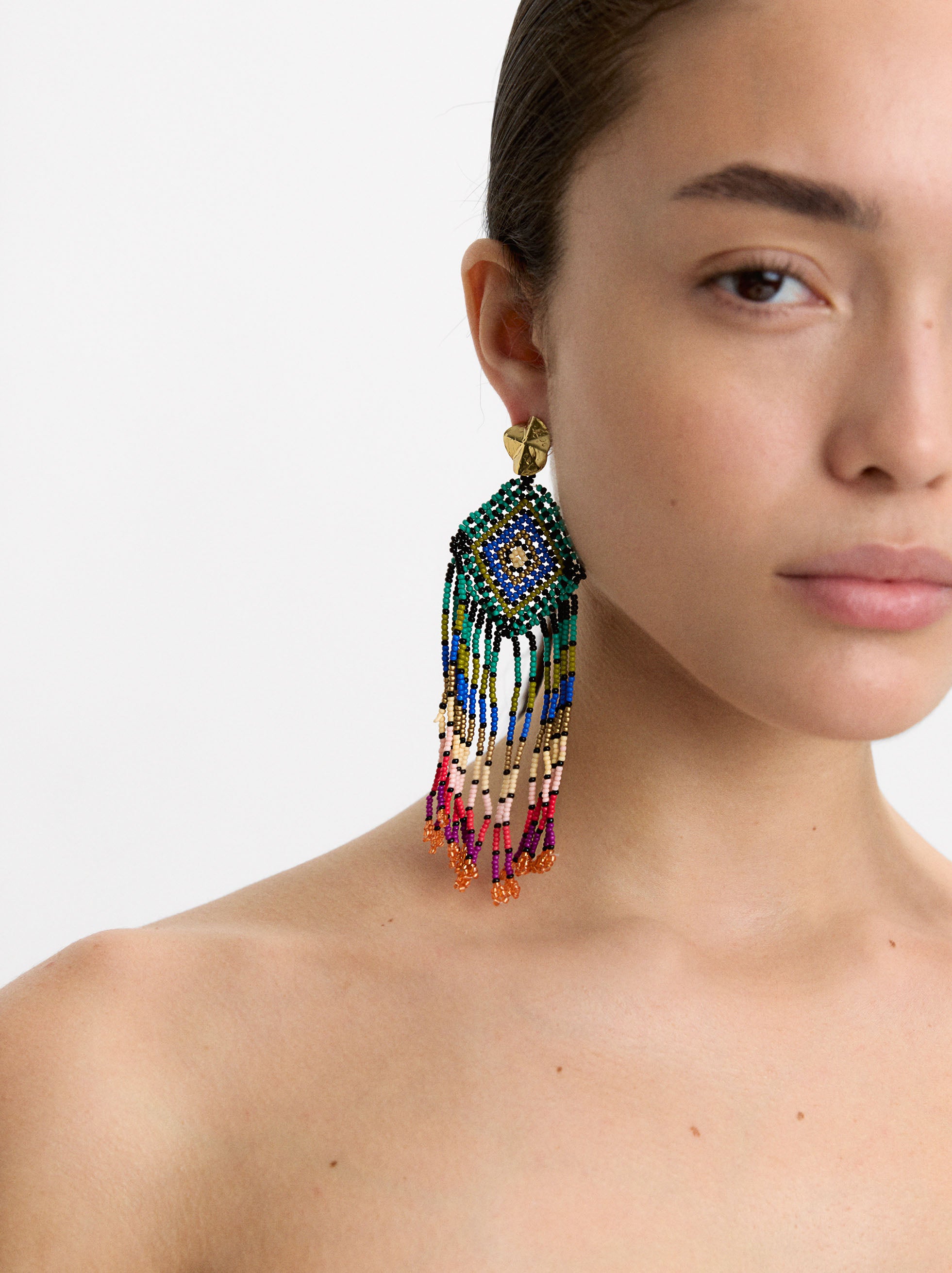 Pendientes De Rombo A Rayas Con Abalorios