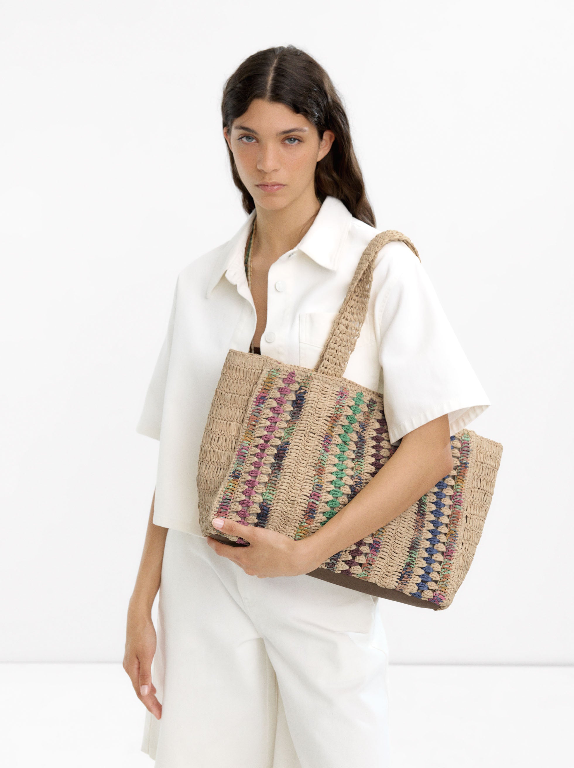 Bolso Shopper Multicolor De Efecto Rafia